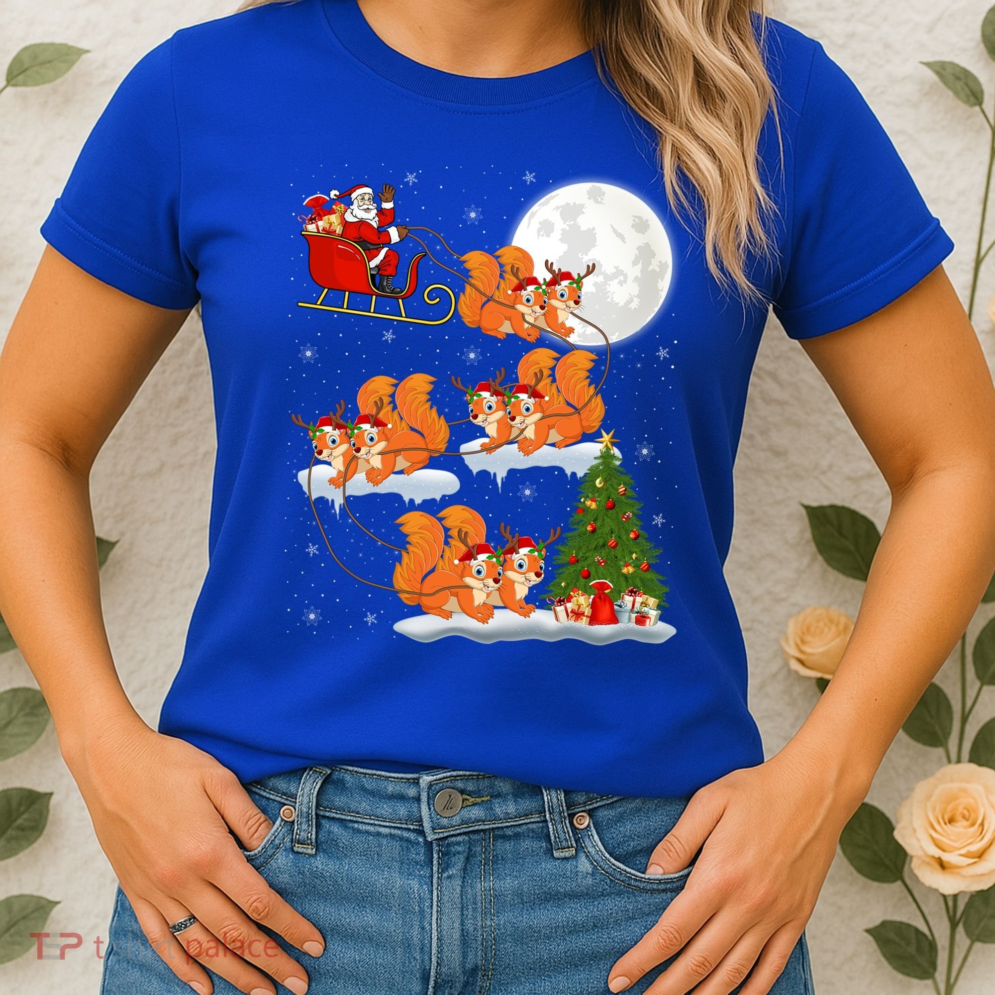 Funny Xmas Lighting Tree Santa Riding Squirrel Christmas Gift Women's T-Shirt