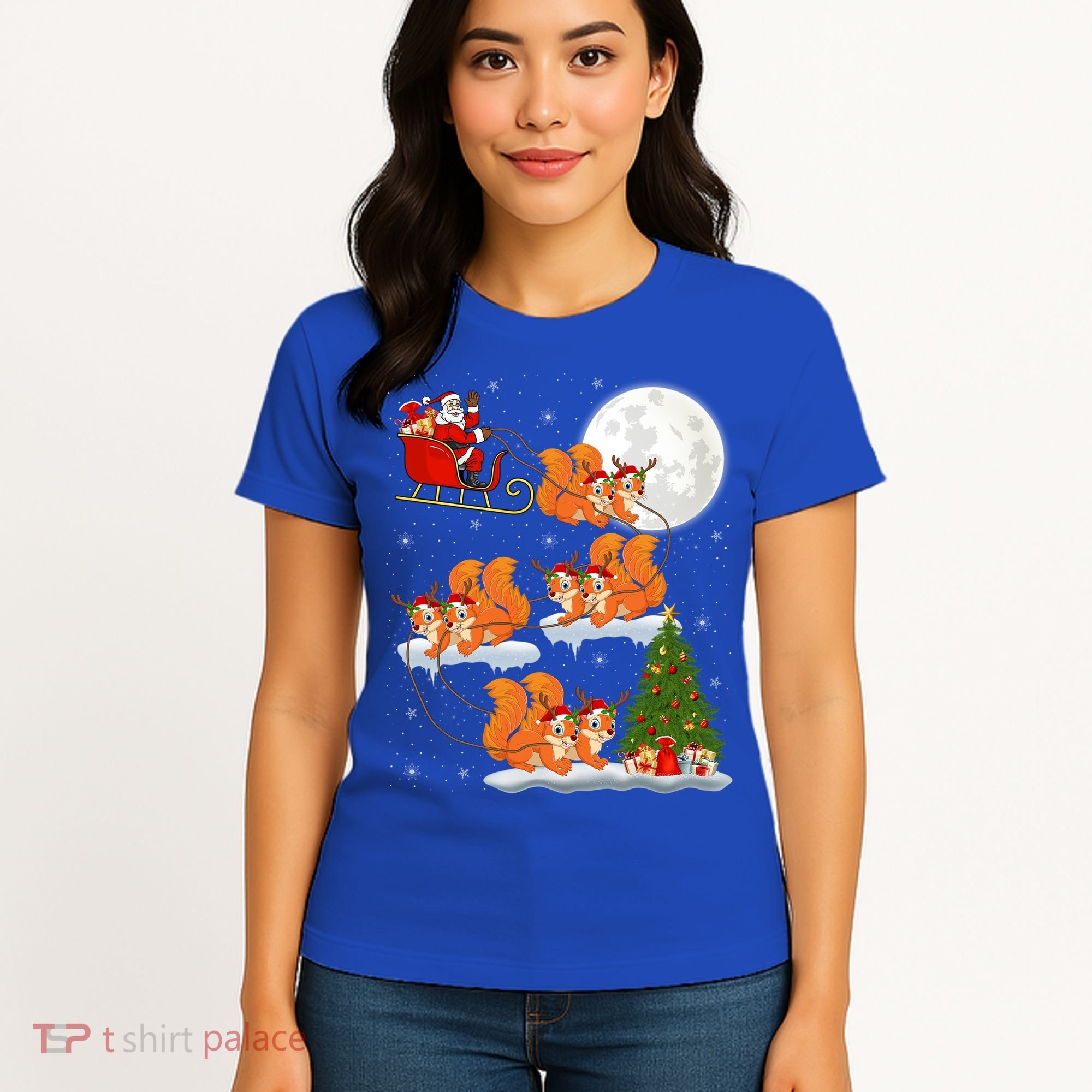 Funny Xmas Lighting Tree Santa Riding Squirrel Christmas Gift Women's T-Shirt