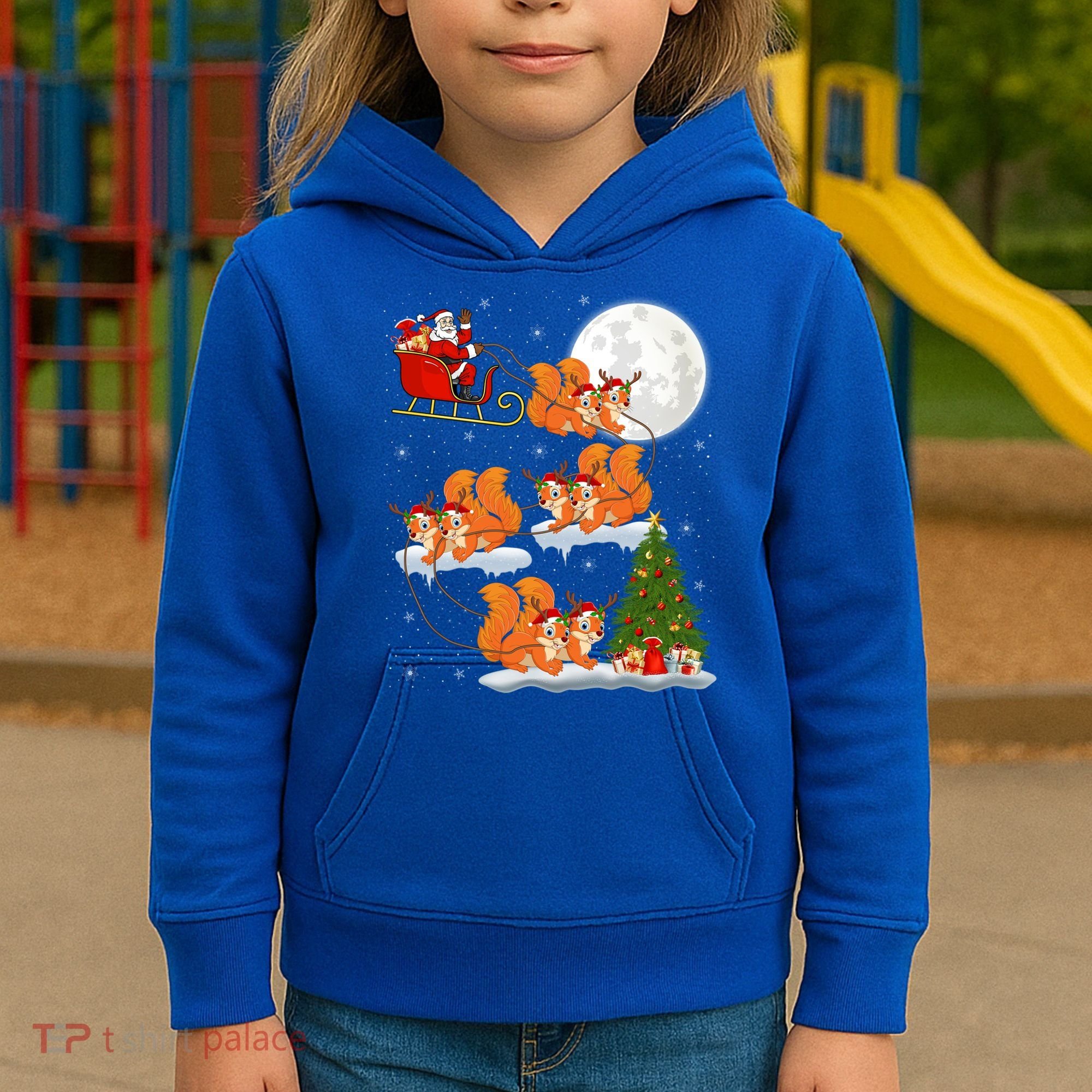 Funny Xmas Lighting Tree Santa Riding Squirrel Christmas Gift Kids Hoodie