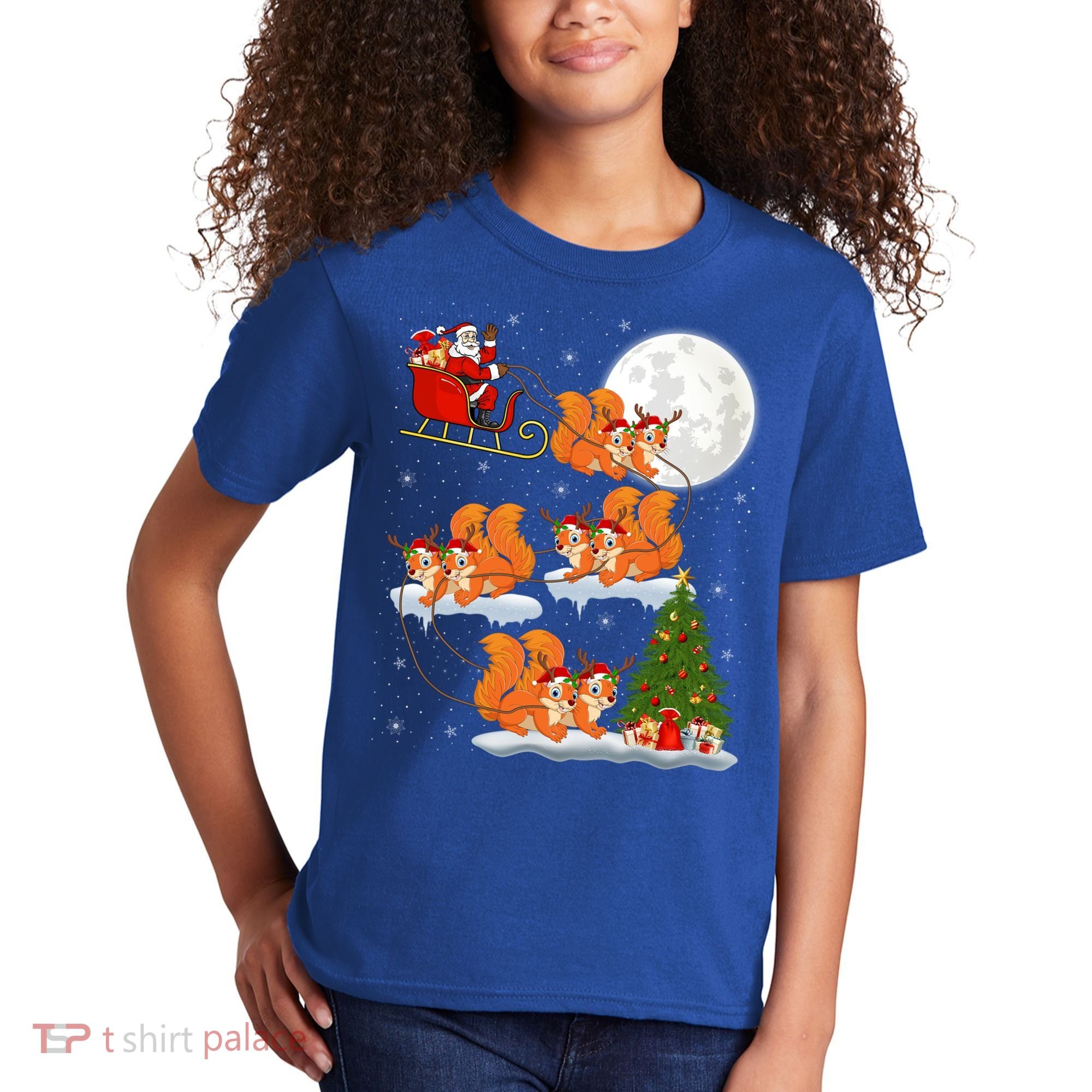 Funny Xmas Lighting Tree Santa Riding Squirrel Christmas Gift Kids T-Shirt