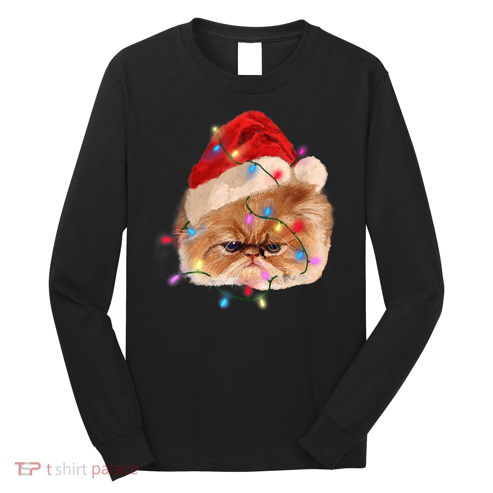 Funny Xmas Persian Cat Christmas Lights Adorable Face Fluffy TShirt Long Sleeve Shirt