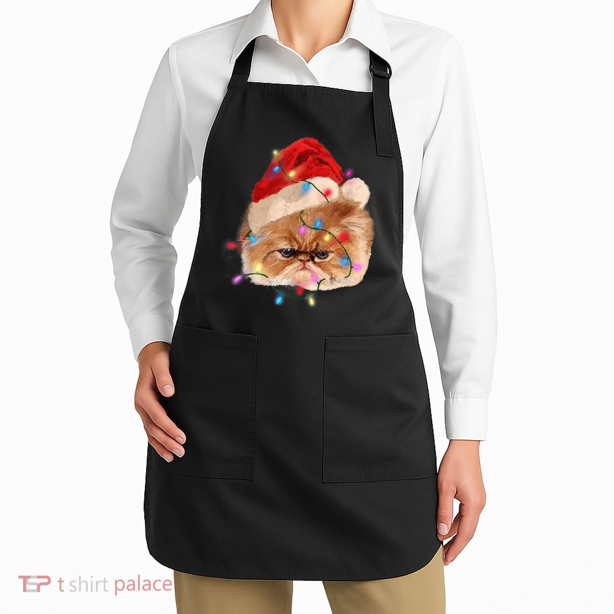 Funny Xmas Persian Cat Christmas Lights Adorable Face Fluffy TShirt Apron