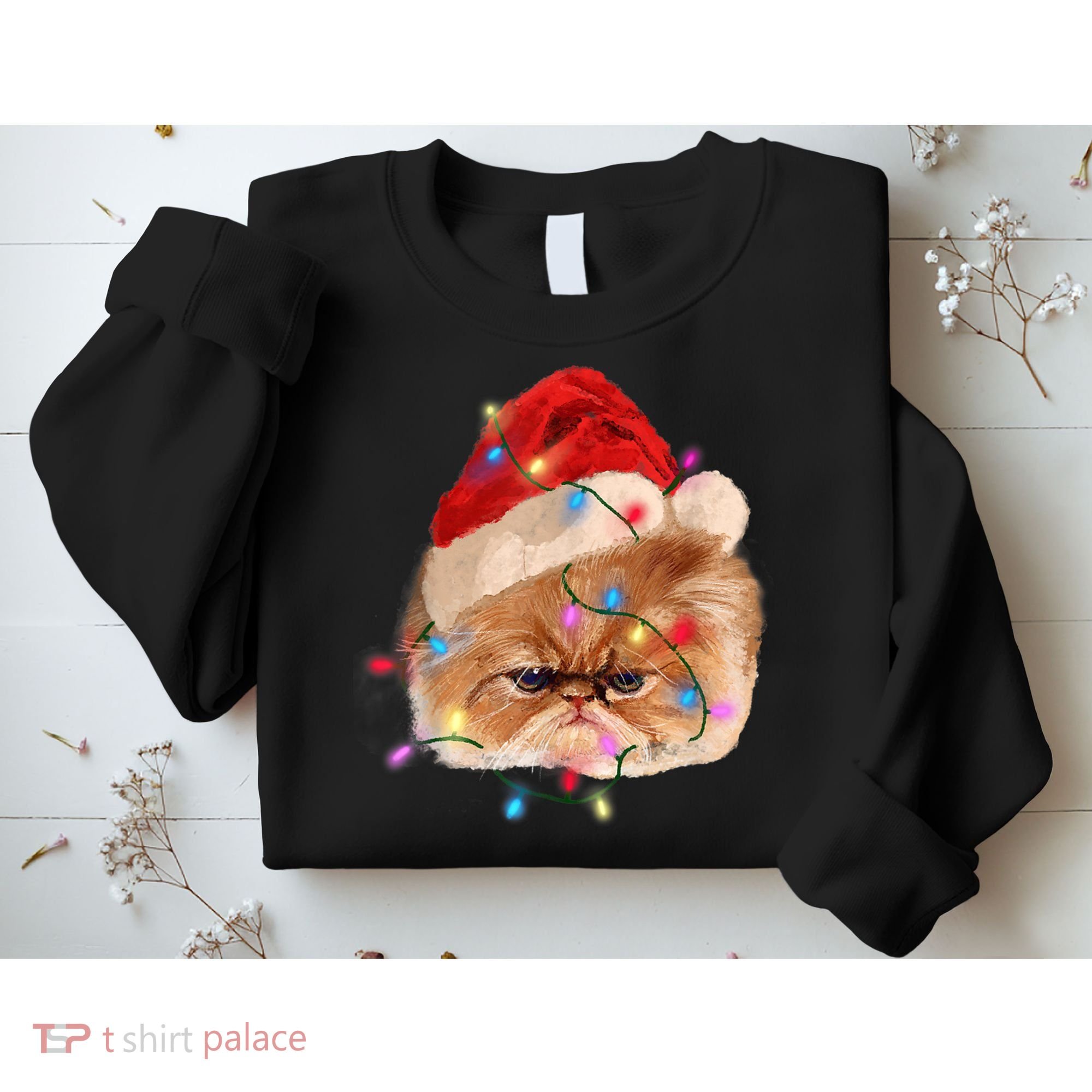 Funny Xmas Persian Cat Christmas Lights Adorable Face Fluffy TShirt Sweatshirt