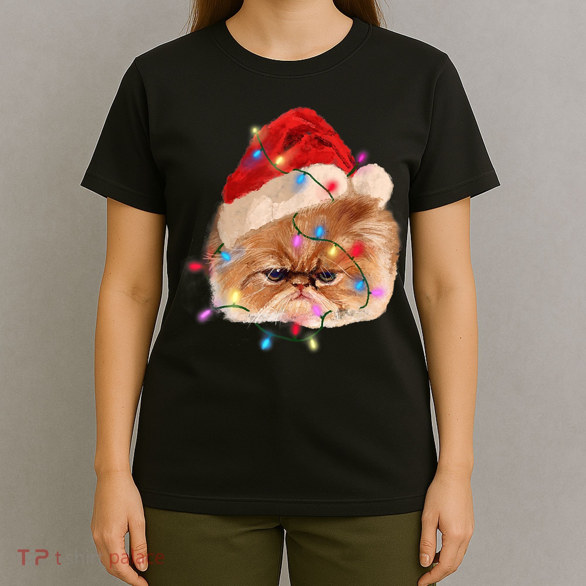 Funny Xmas Persian Cat Christmas Lights Adorable Face Fluffy TShirt T-Shirt
