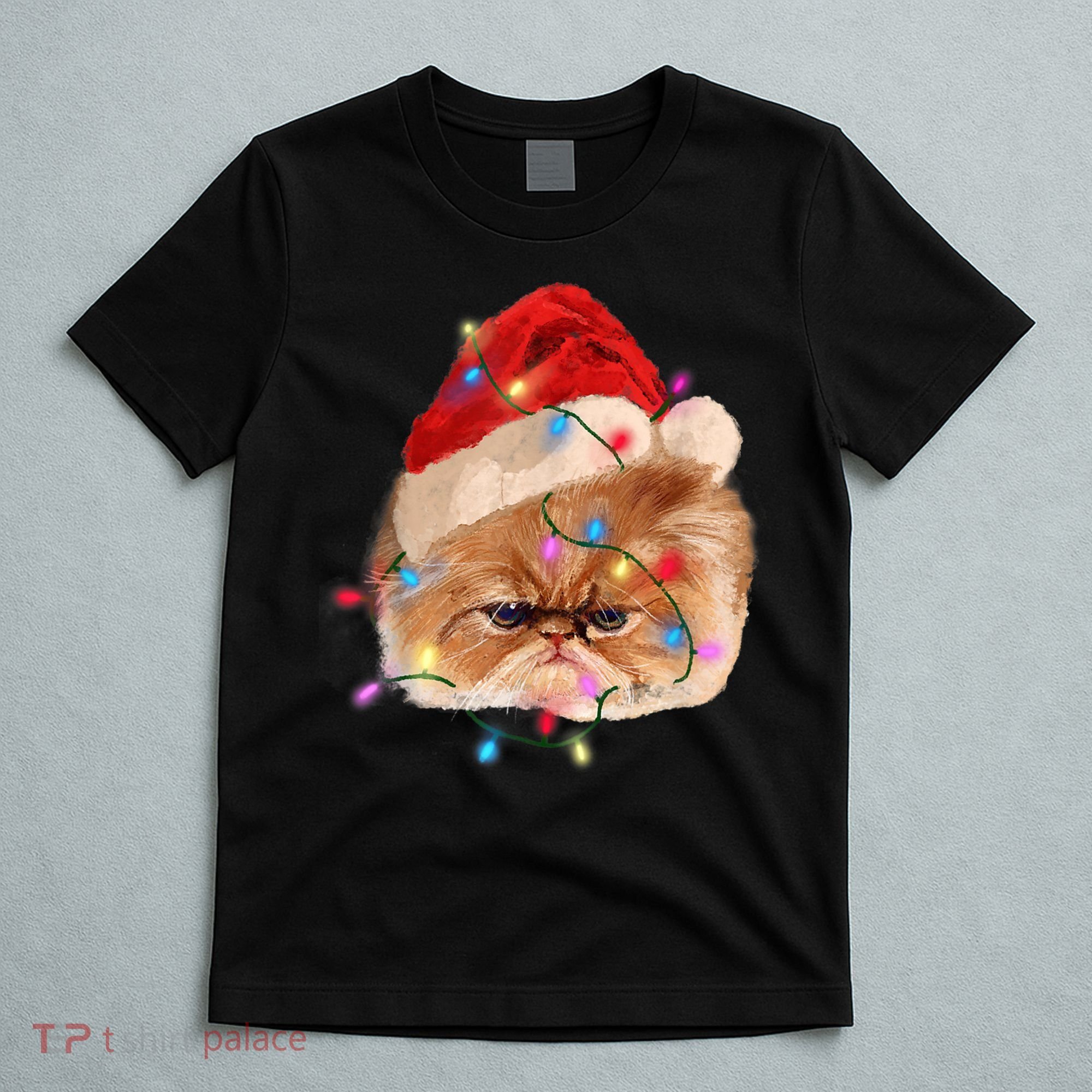 Funny Xmas Persian Cat Christmas Lights Adorable Face Fluffy TShirt T-Shirt