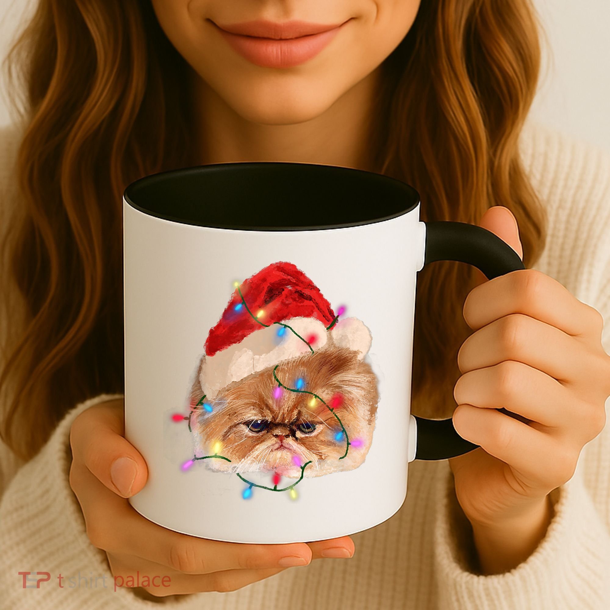 Funny Xmas Persian Cat Christmas Lights Adorable Face Fluffy TShirt Coffee Mug