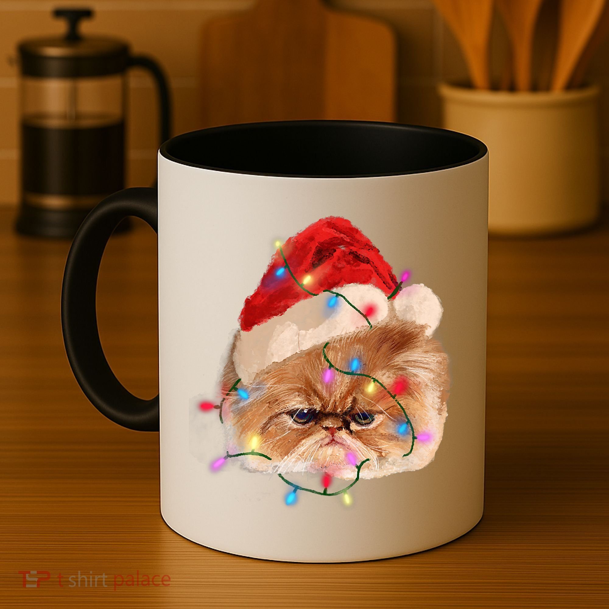 Funny Xmas Persian Cat Christmas Lights Adorable Face Fluffy TShirt Coffee Mug
