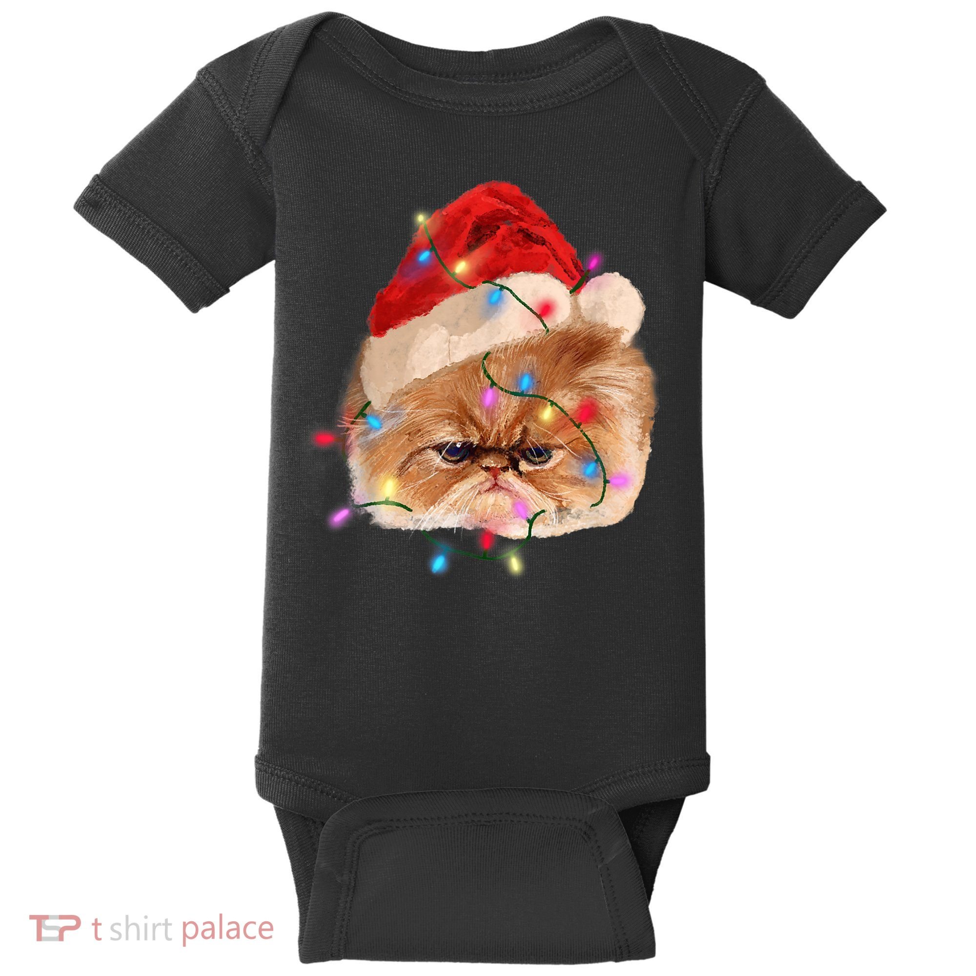 Funny Xmas Persian Cat Christmas Lights Adorable Face Fluffy TShirt Baby Bodysuit