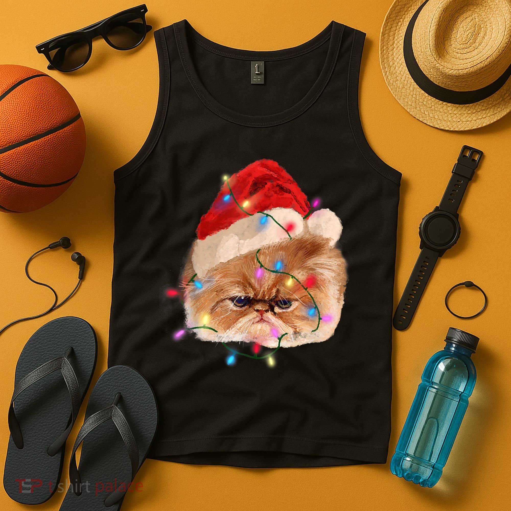 Funny Xmas Persian Cat Christmas Lights Adorable Face Fluffy TShirt Tank Top