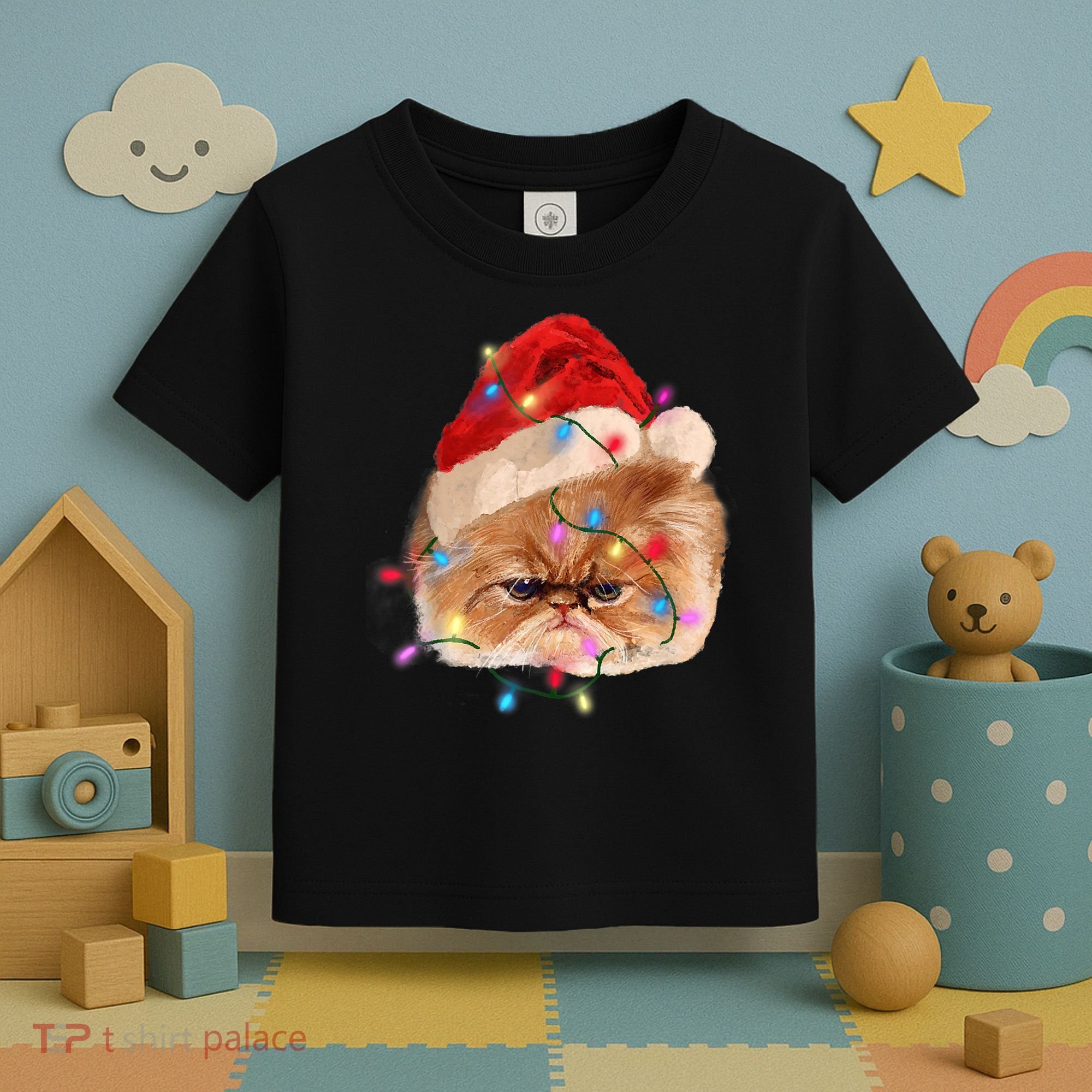 Funny Xmas Persian Cat Christmas Lights Adorable Face Fluffy TShirt Toddler T-Shirt