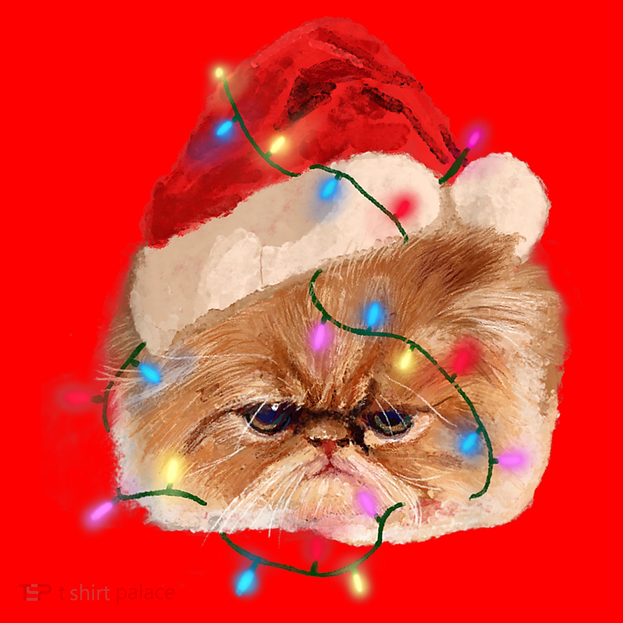 Funny Xmas Persian Cat Christmas Lights Adorable Face Fluffy TShirt Santa Hat