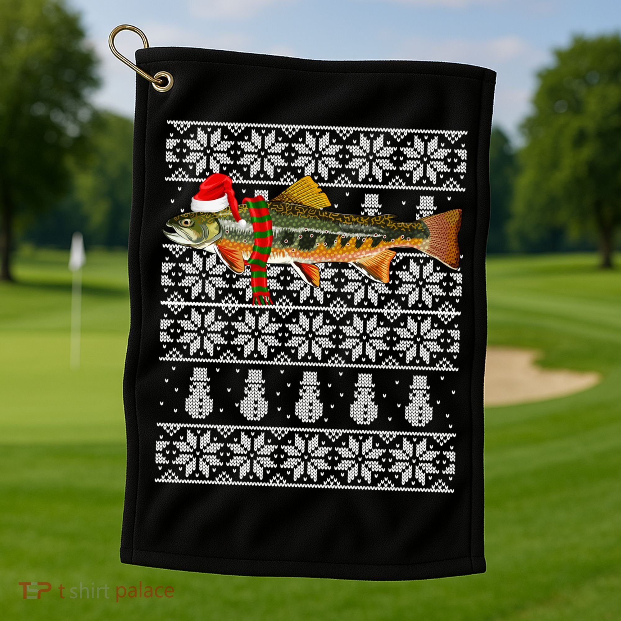 Fish Xmas Santa Hat Brook Trout Ugly Christmas Funny Gift Golf Towel