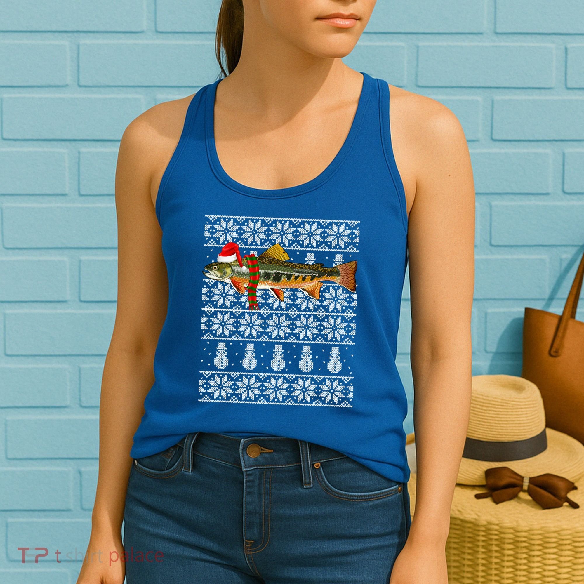 Fish Xmas Santa Hat Brook Trout Ugly Christmas Funny Gift Women's Tank Top