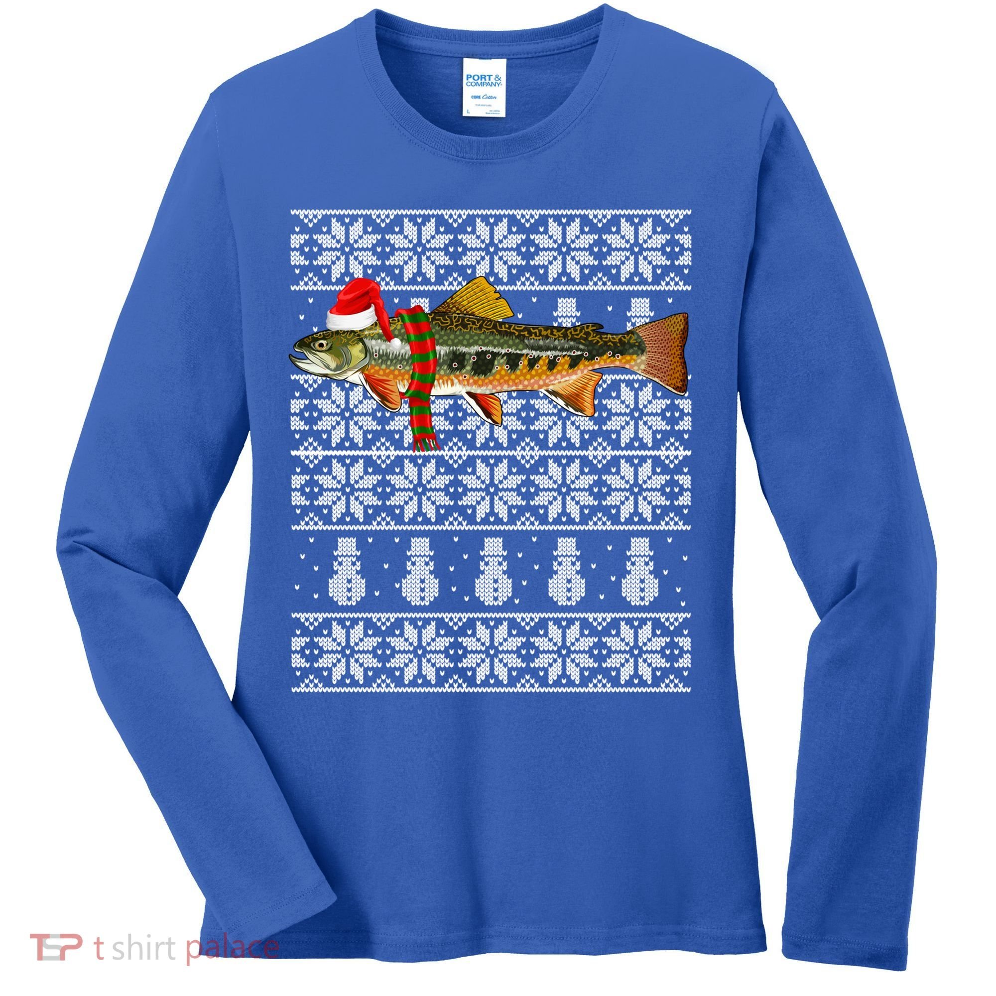 Fish Xmas Santa Hat Brook Trout Ugly Christmas Funny Gift Women's Long Sleeve Shirt