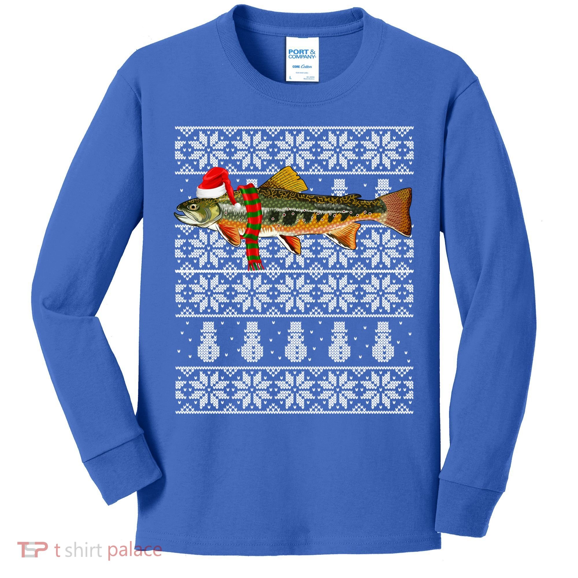 Fish Xmas Santa Hat Brook Trout Ugly Christmas Funny Gift Kids Long Sleeve Shirt