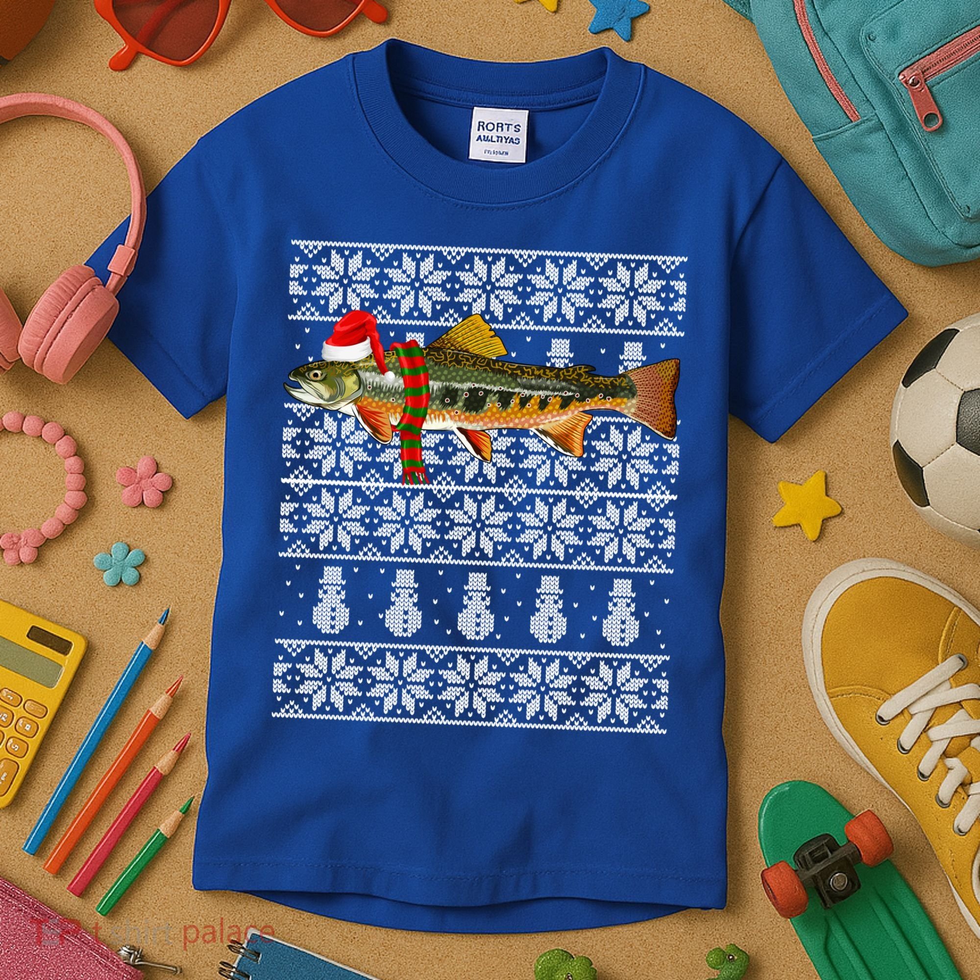 Fish Xmas Santa Hat Brook Trout Ugly Christmas Funny Gift Kids T-Shirt