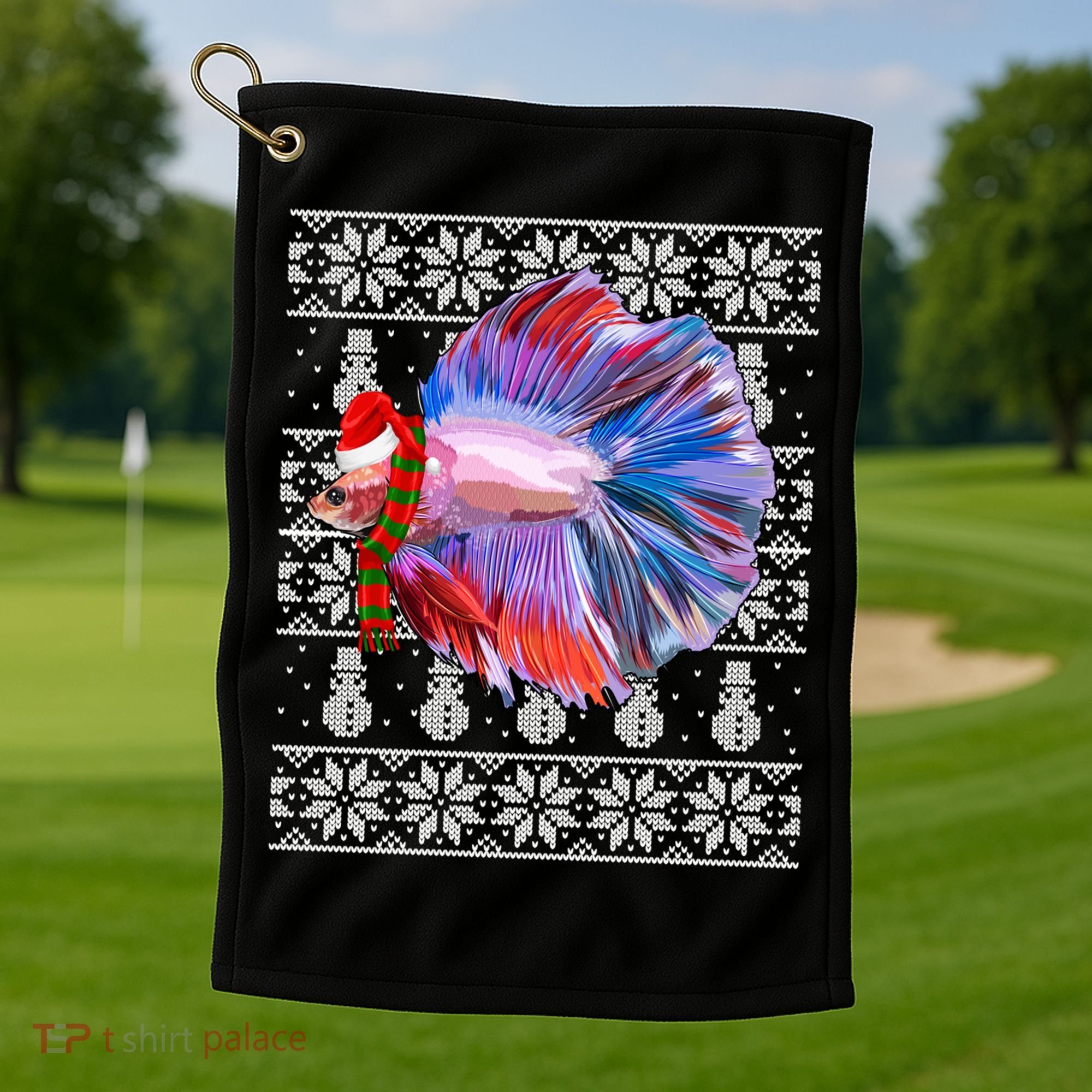 Fish Xmas Santa Hat Betta Fish Ugly Christmas Gift Golf Towel