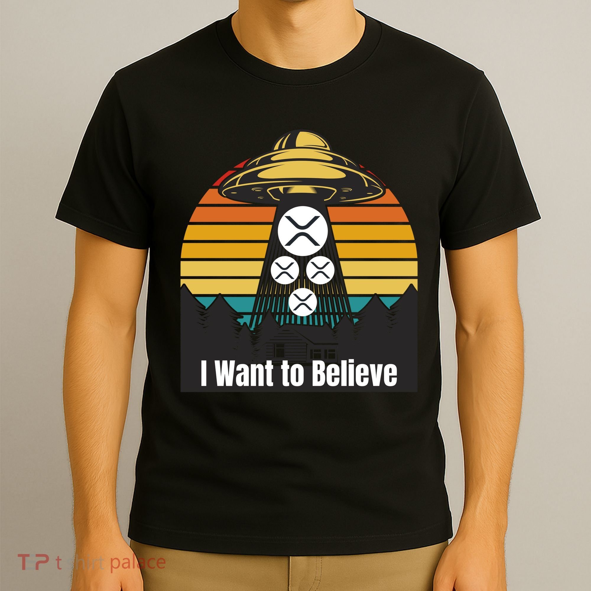 Funny XRP UFO Encounter Retro Sunset Ripple Cryptocurrency Funny Ripple XRP T-Shirt
