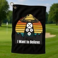 Funny XRP UFO Encounter Retro Sunset Ripple Cryptocurrency Funny Ripple XRP Golf Towel thumb 1