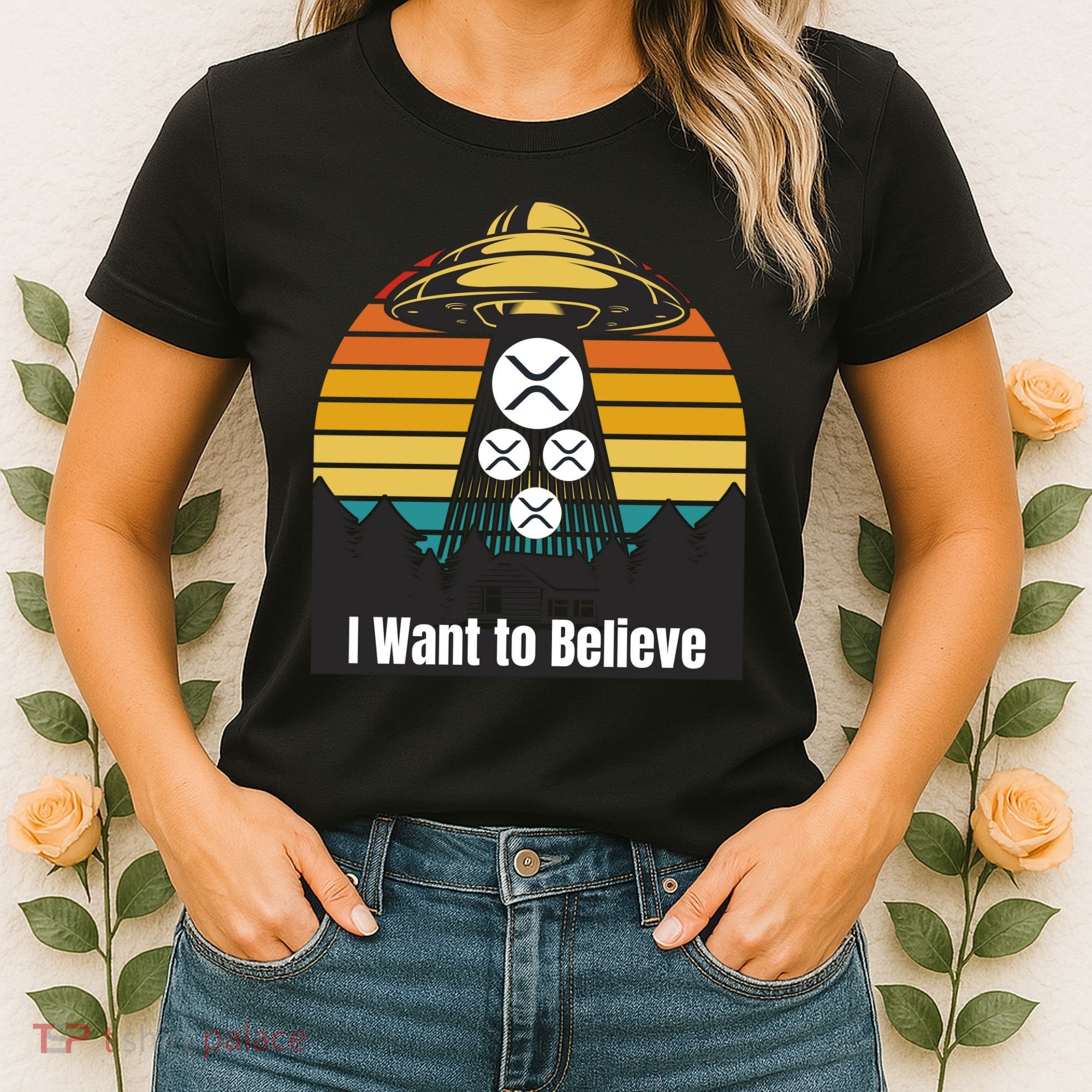 Funny XRP UFO Encounter Retro Sunset Ripple Cryptocurrency Funny Ripple XRP Women's T-Shirt