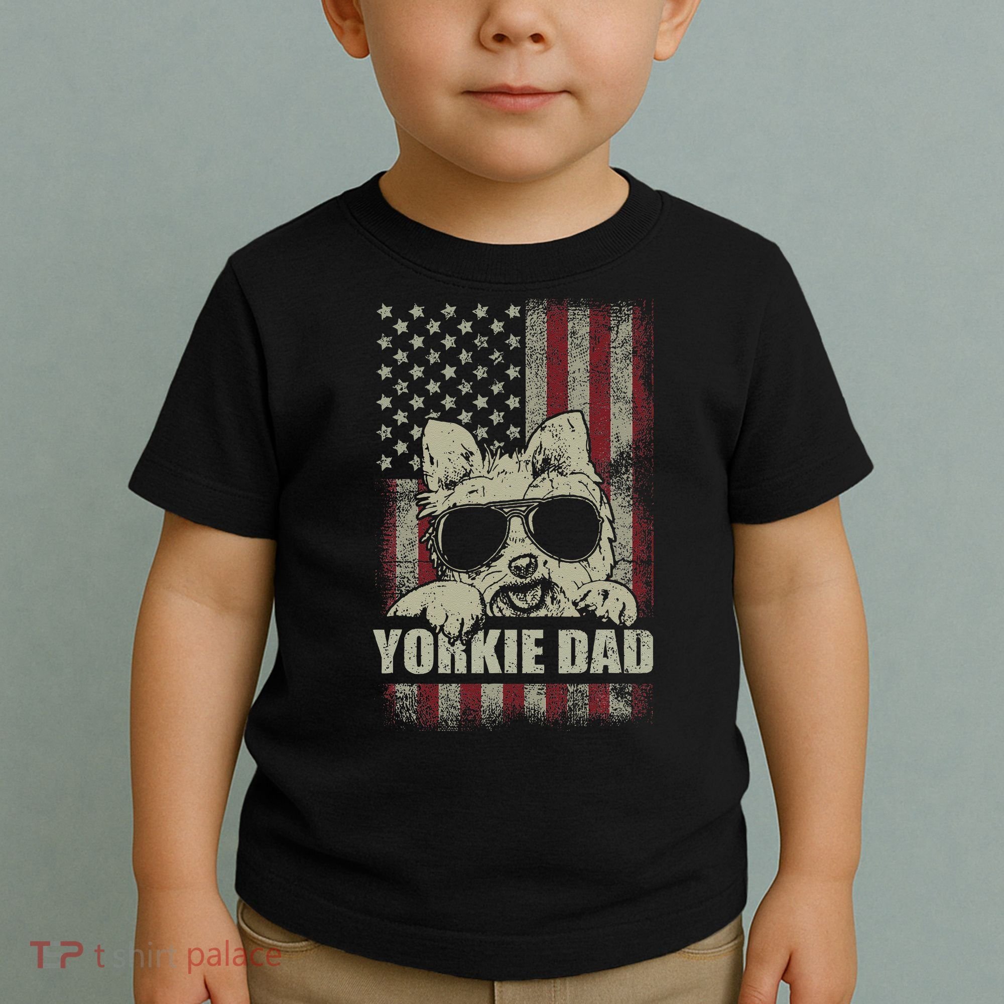 Funny Yorkie Dad American Flag Dog Daddy Fathers Day Tee Toddler T-Shirt