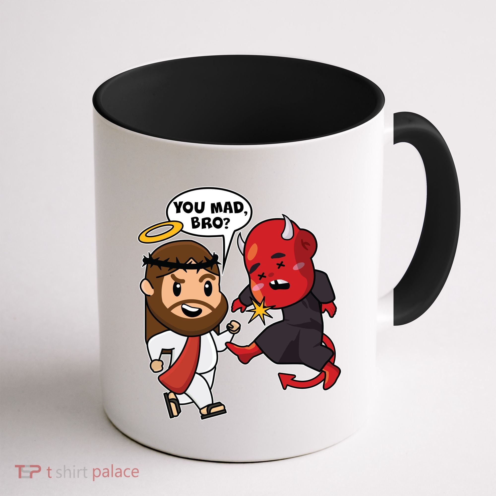 Funny You Mad Bro Jesus Vs Devil Coffee Mug