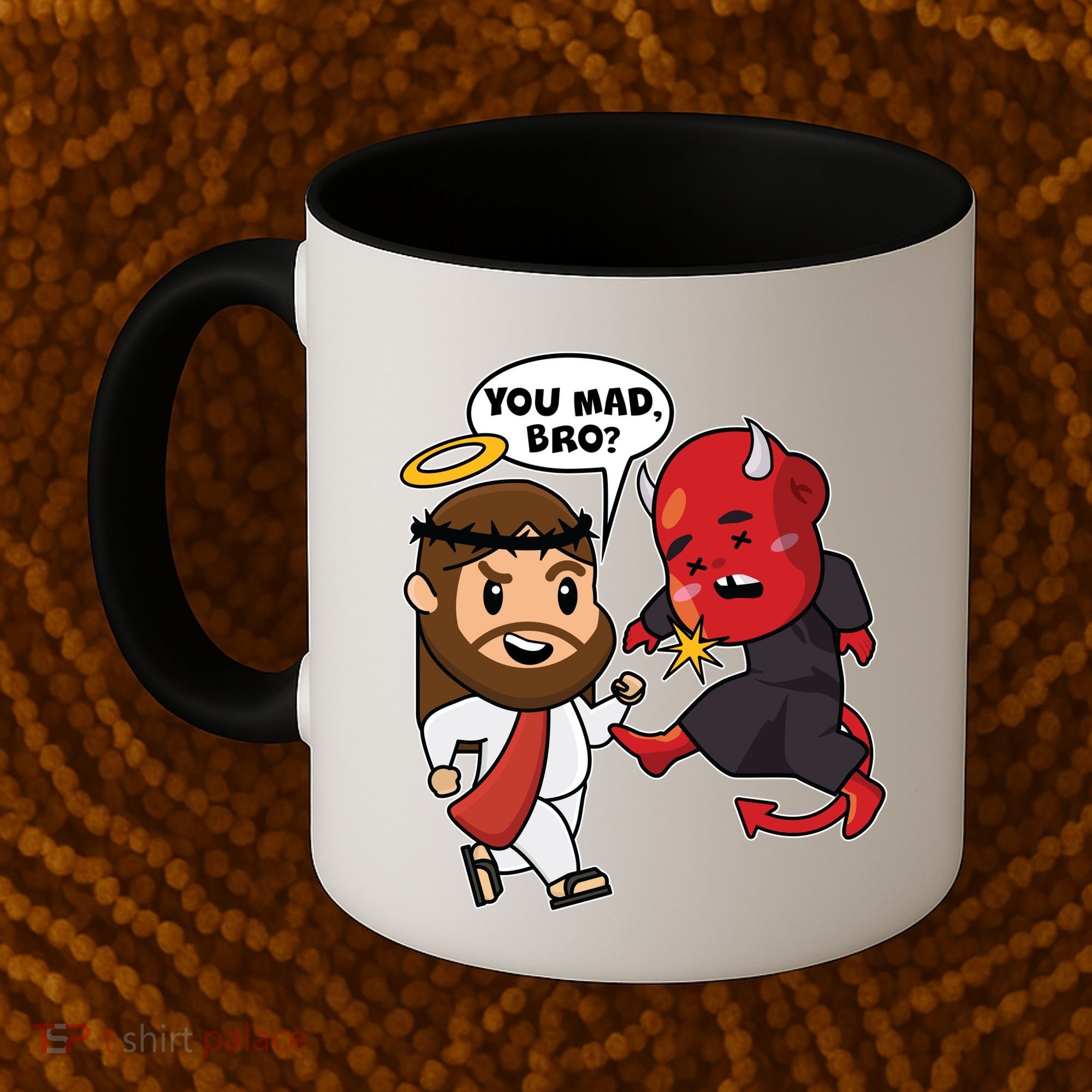 Funny You Mad Bro Jesus Vs Devil Coffee Mug