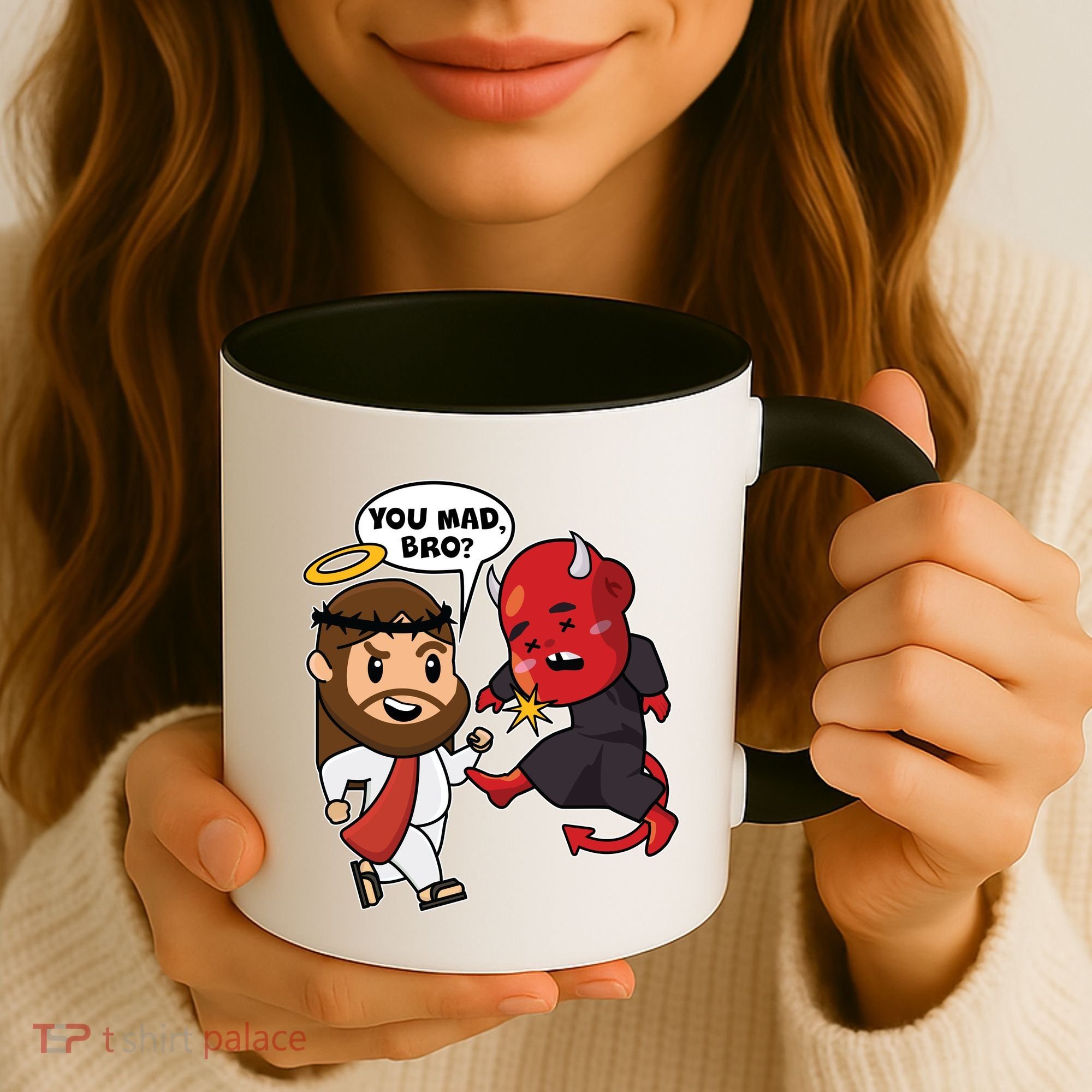 Funny You Mad Bro Jesus Vs Devil Coffee Mug