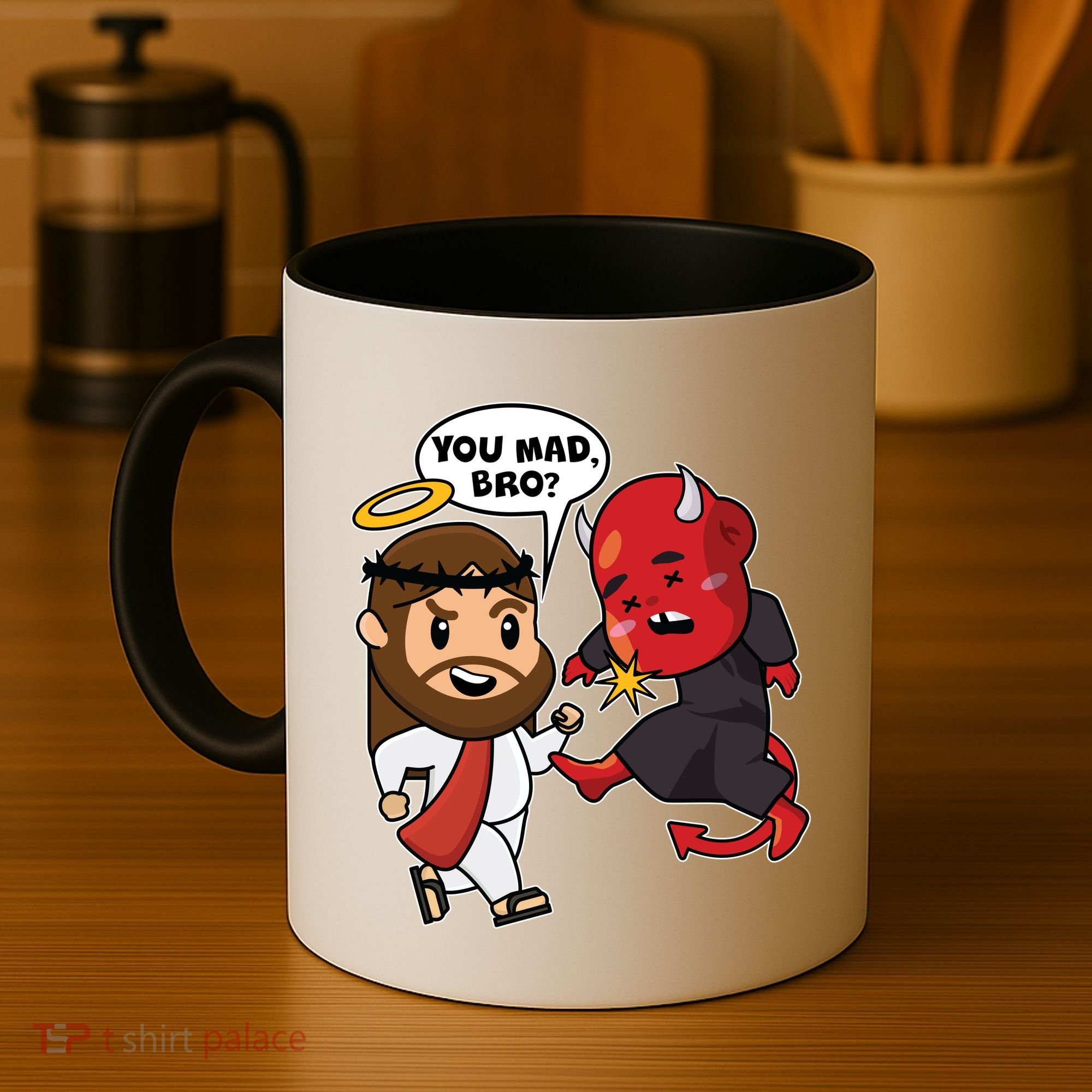 Funny You Mad Bro Jesus Vs Devil Coffee Mug