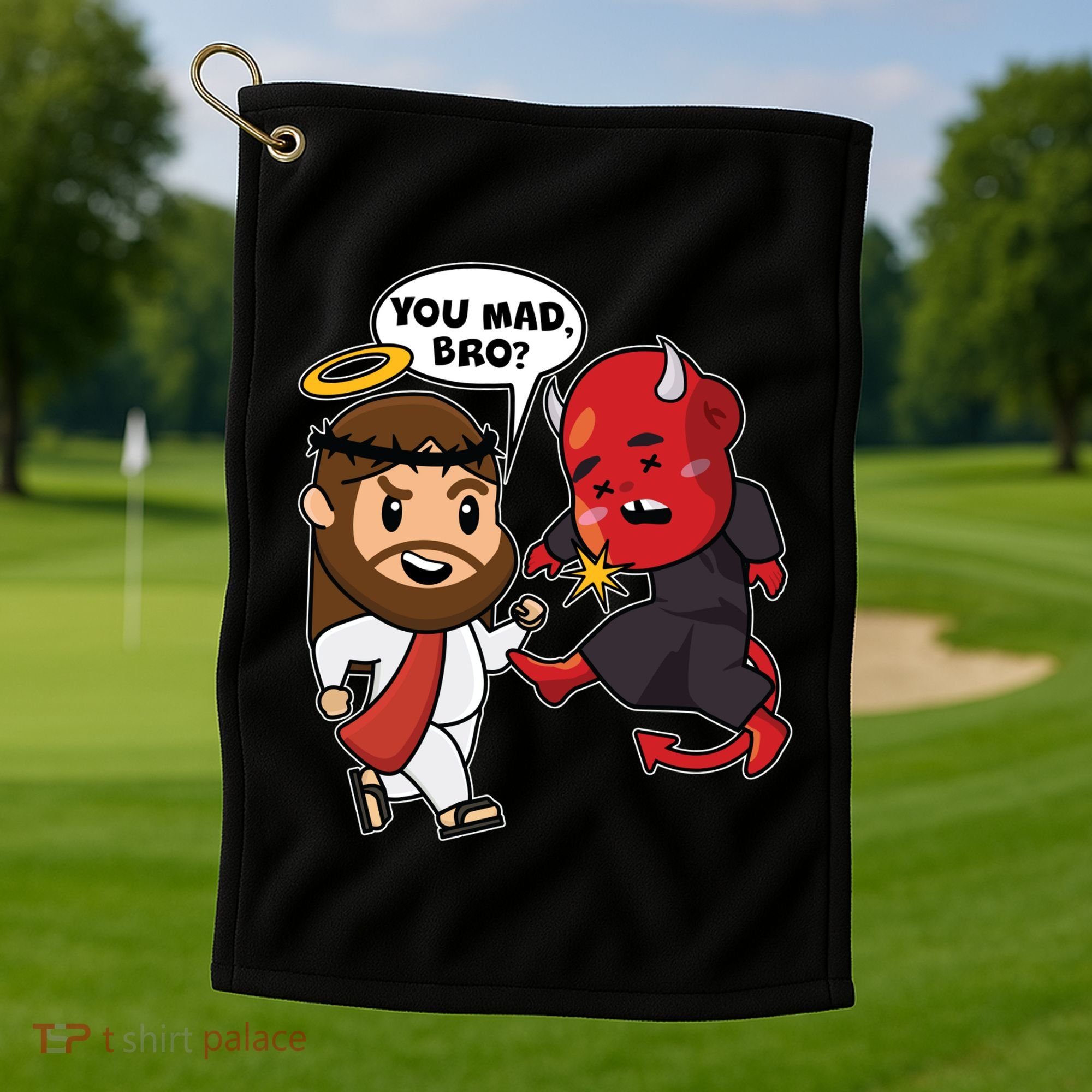 Funny You Mad Bro Jesus Vs Devil Golf Towel