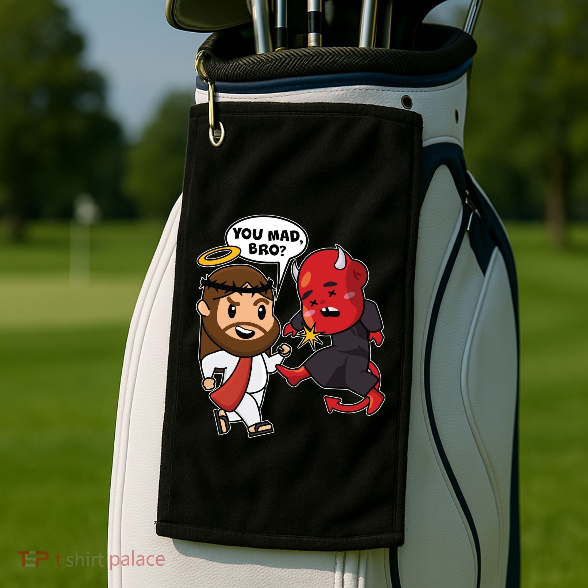 Funny You Mad Bro Jesus Vs Devil Golf Towel