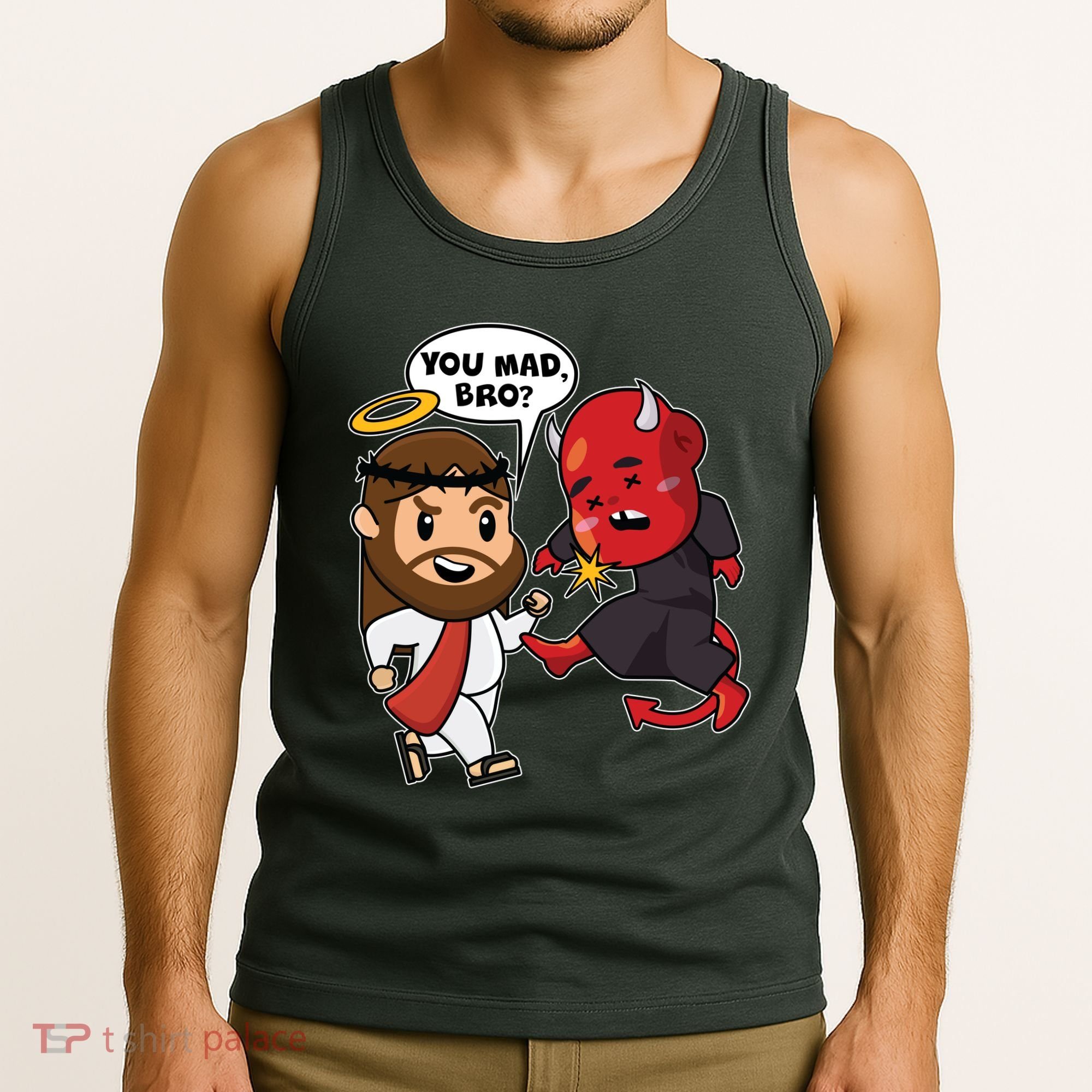 Funny You Mad Bro Jesus Vs Devil Tank Top