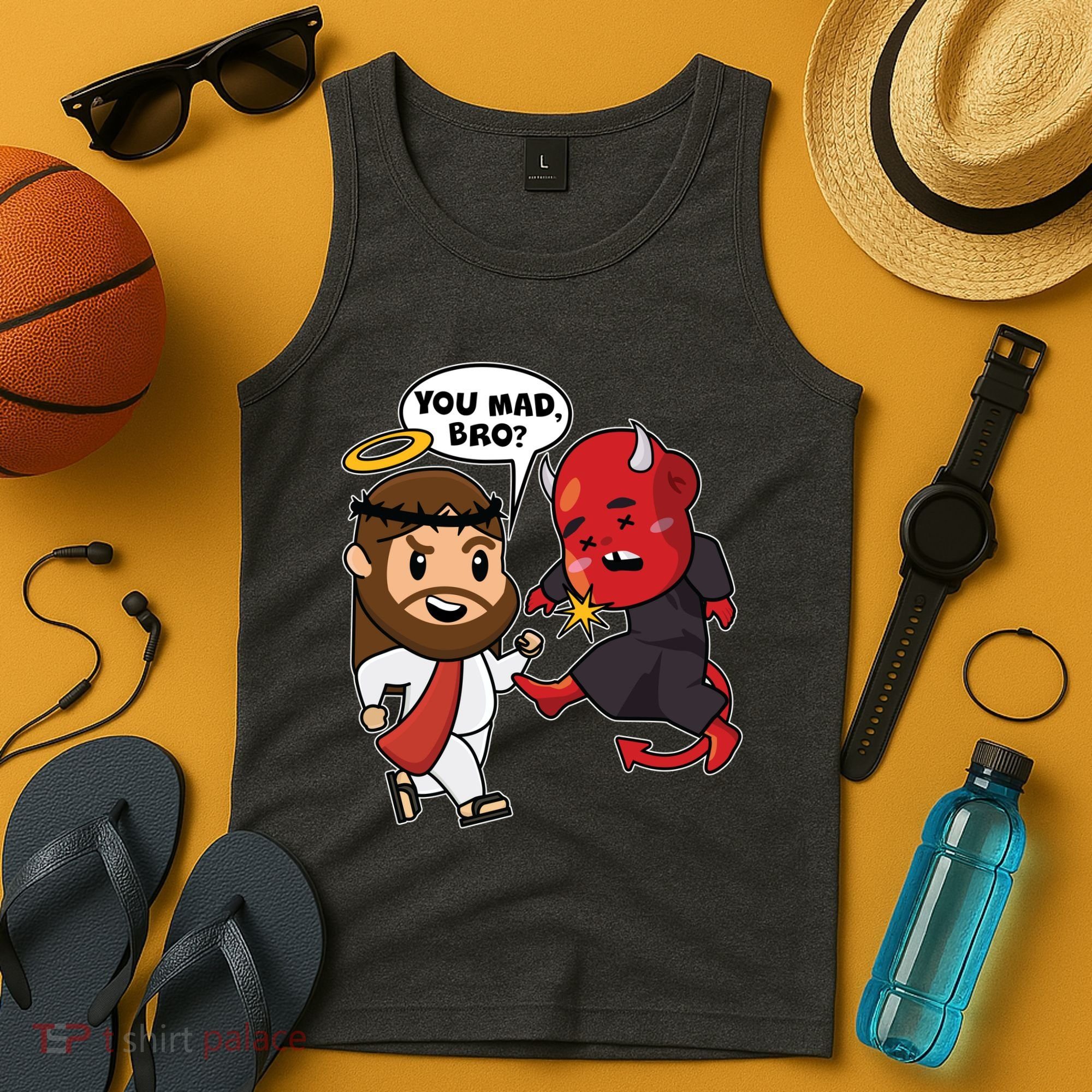 Funny You Mad Bro Jesus Vs Devil Tank Top
