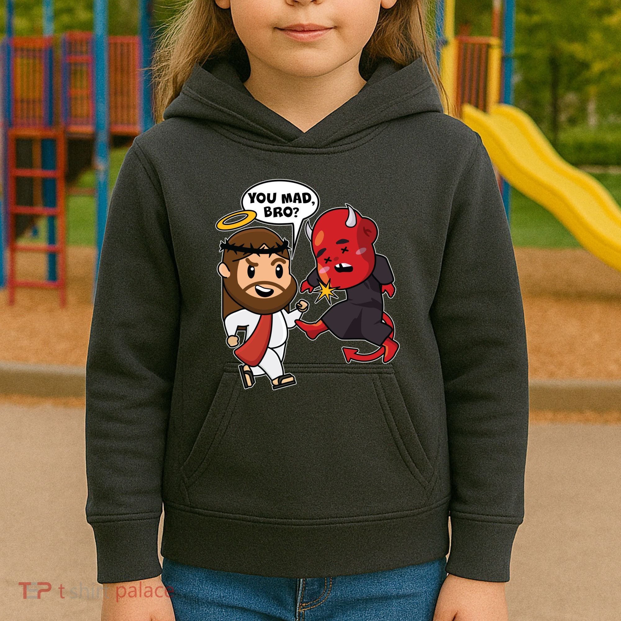 Funny You Mad Bro Jesus Vs Devil Kids Hoodie
