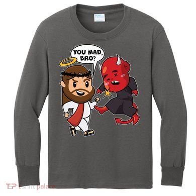 Funny You Mad Bro Jesus Vs Devil Kids Long Sleeve Shirt