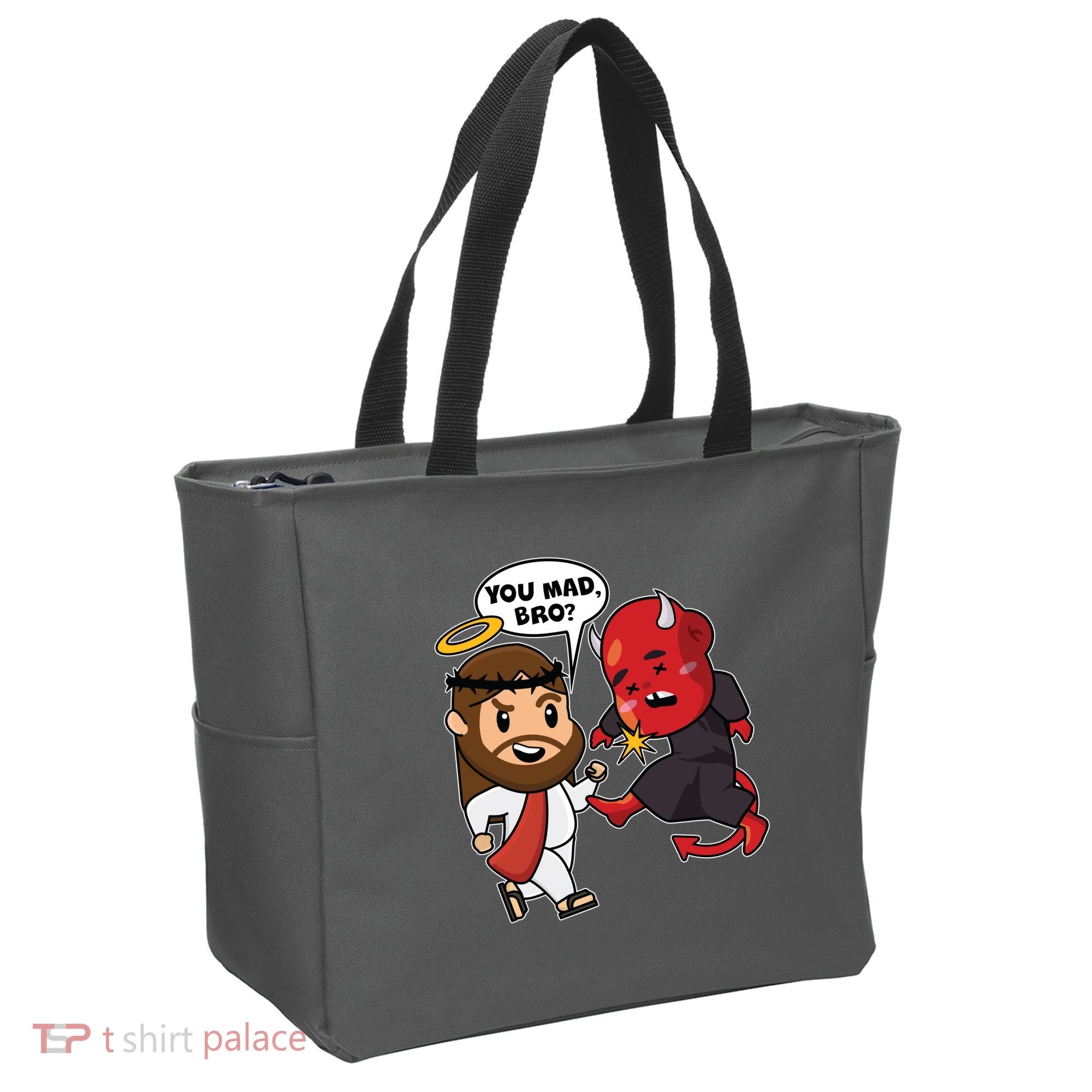 Funny You Mad Bro Jesus Vs Devil Tote Bag