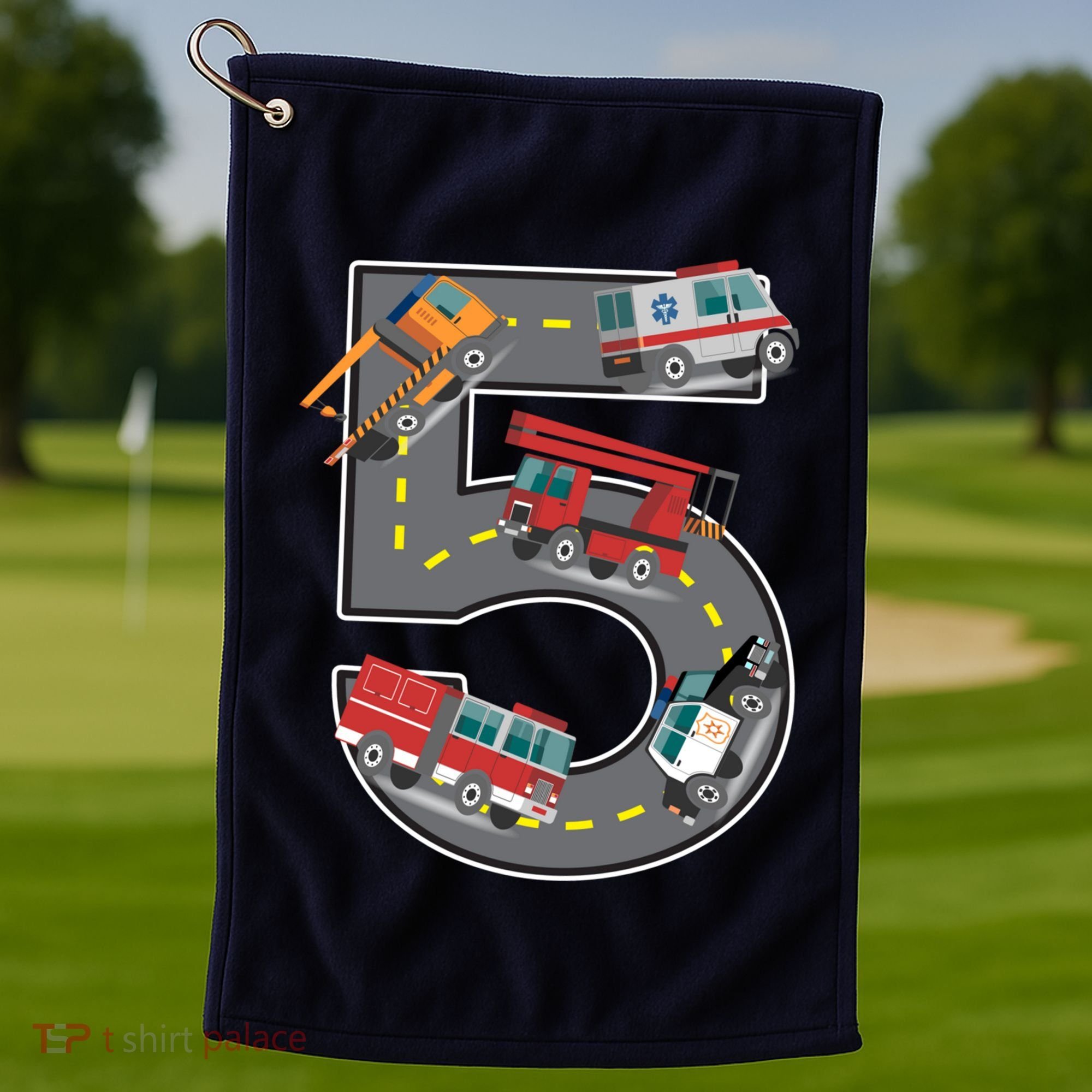 Five Year Old 5th Birthday Fire Truck Ambulance Police Car Golf Towel
