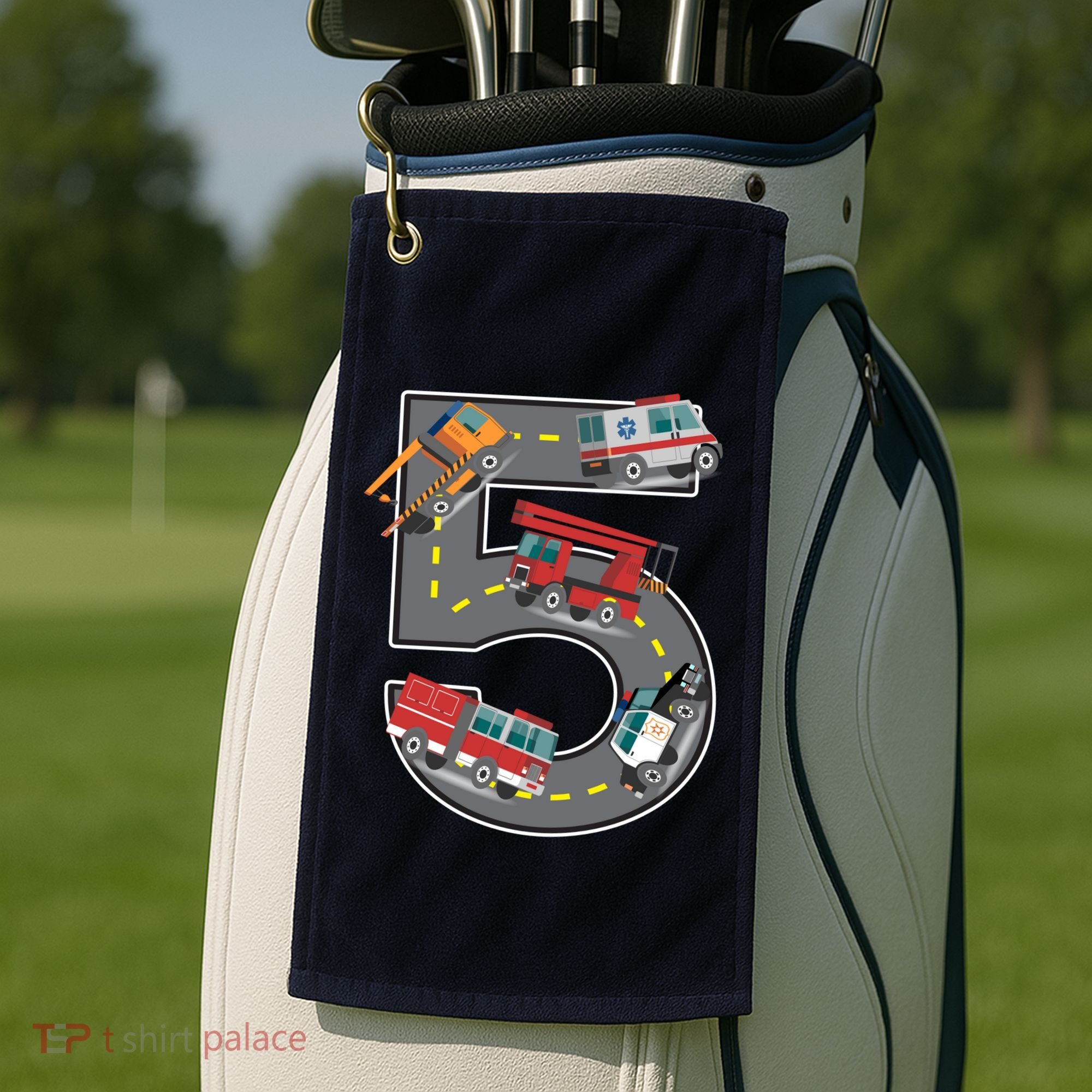 Five Year Old 5th Birthday Fire Truck Ambulance Police Car Golf Towel