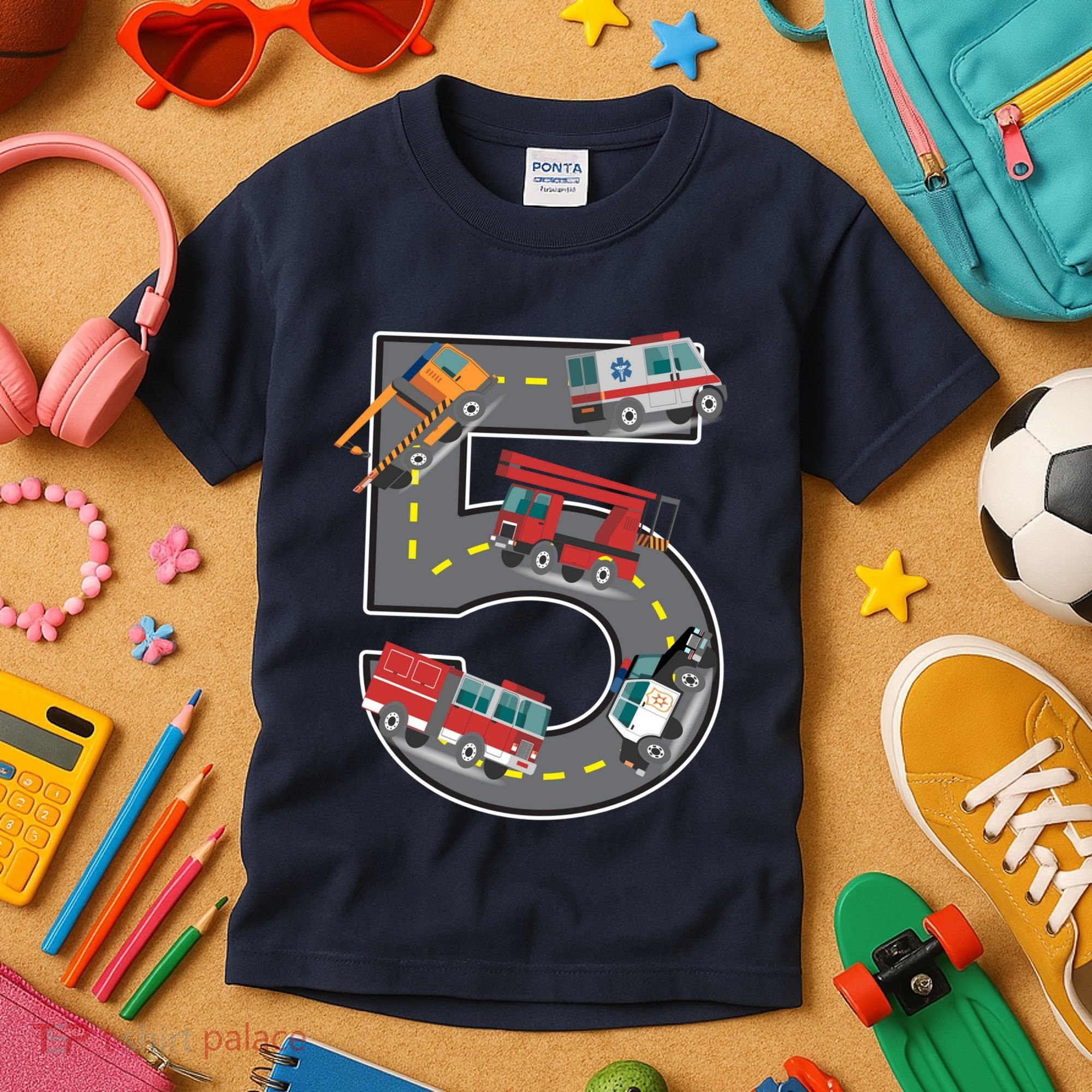 Five Year Old 5th Birthday Fire Truck Ambulance Police Car Kids T-Shirt