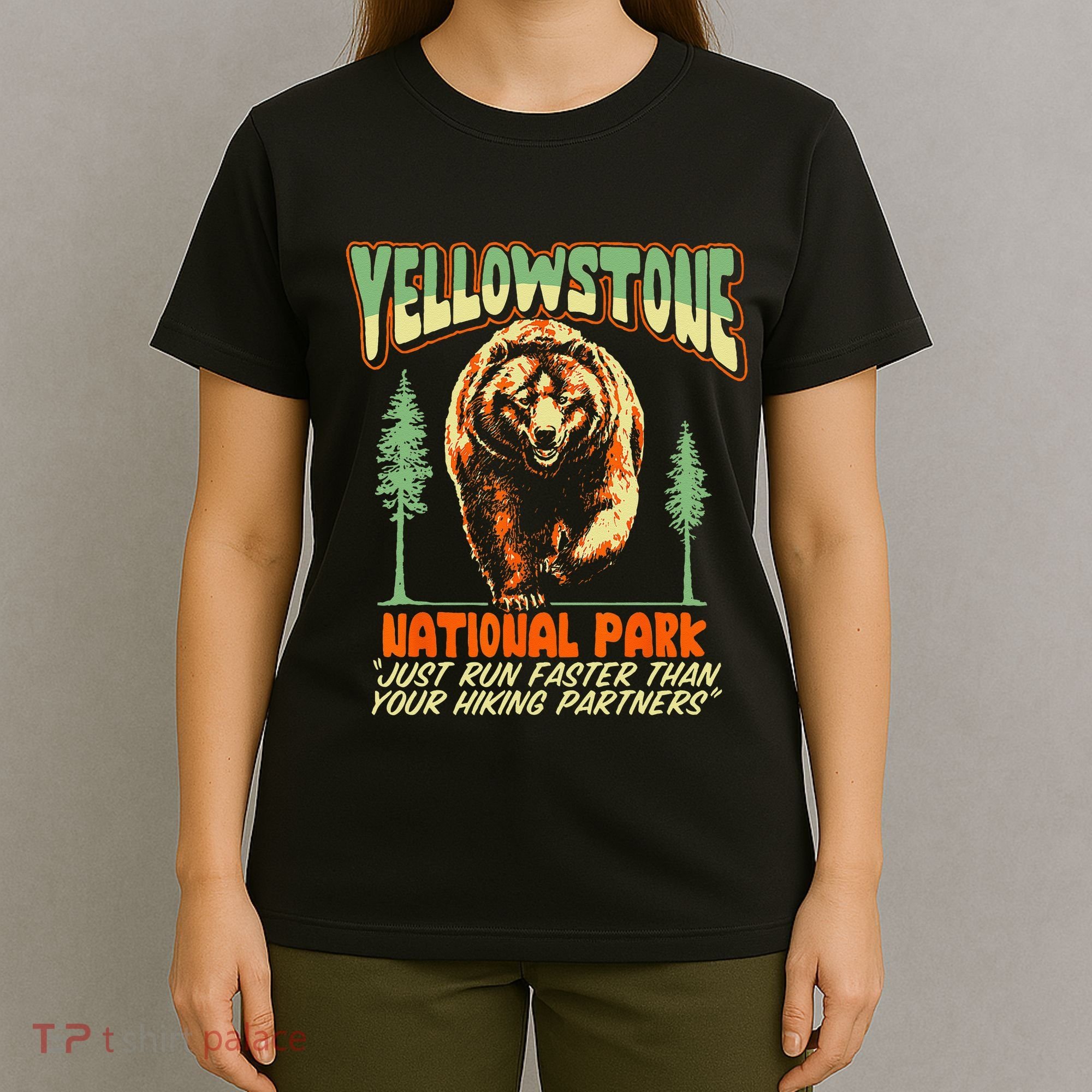 Funny Yellowstone Park Grizzly Bear Outrun Hiking Partners T-Shirt