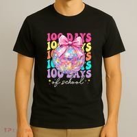 Groovy 100 Days Of School Disco Coquette Bow Teacher T-Shirt thumb 3