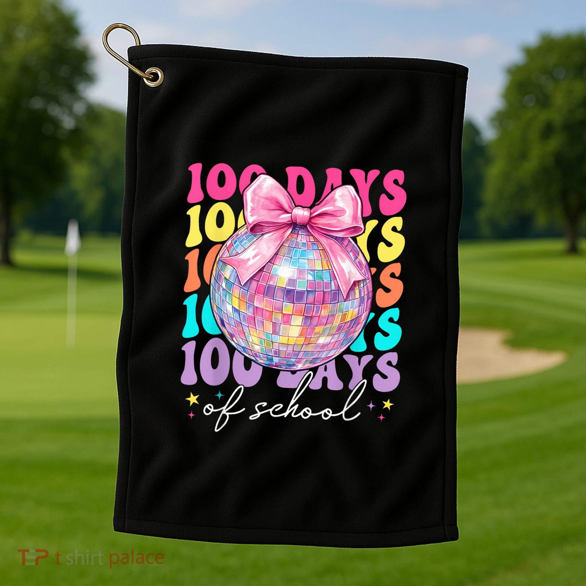 Groovy 100 Days Of School Disco Coquette Bow Teacher Golf Towel