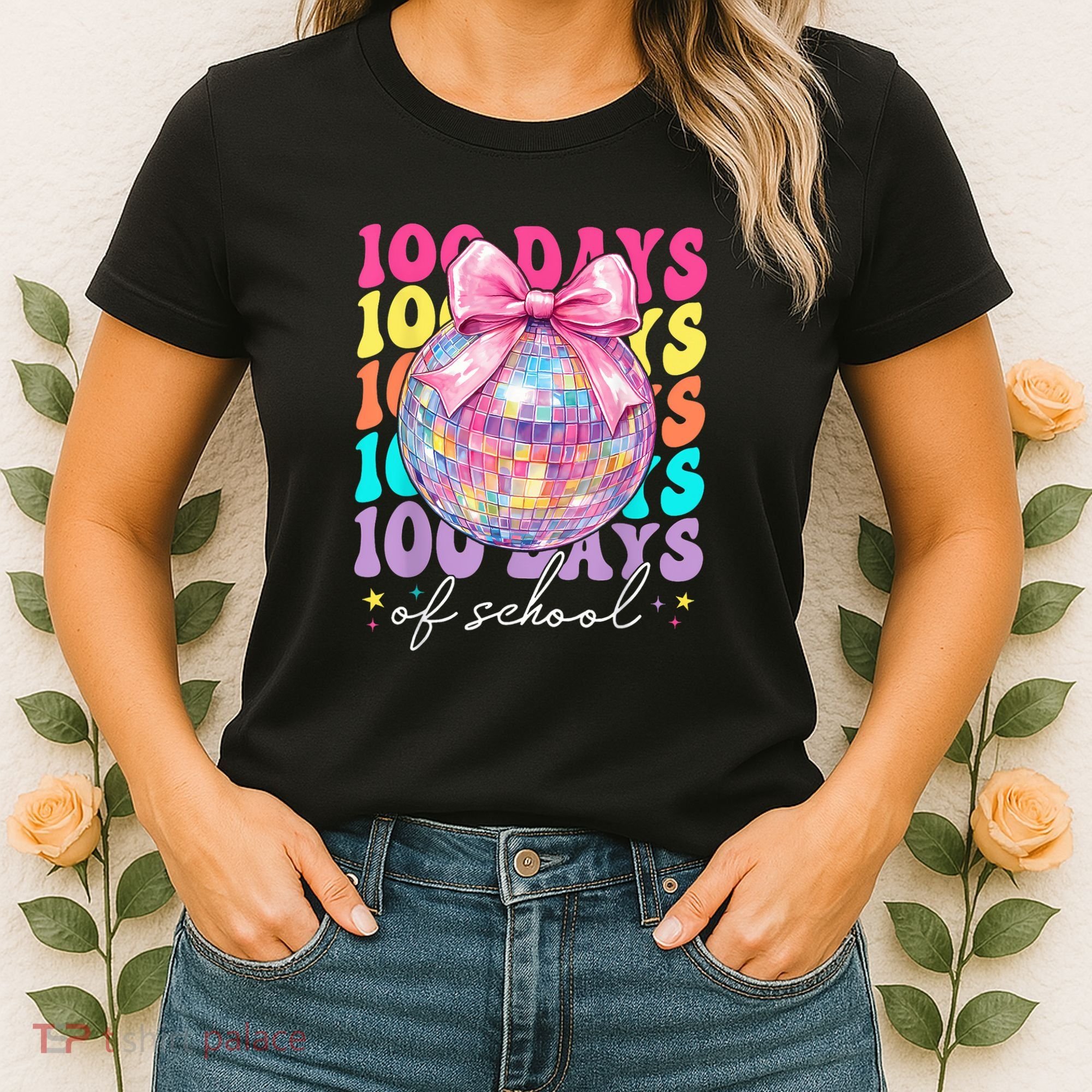 Groovy 100 Days Of School Disco Coquette Bow Teacher Women's T-Shirt