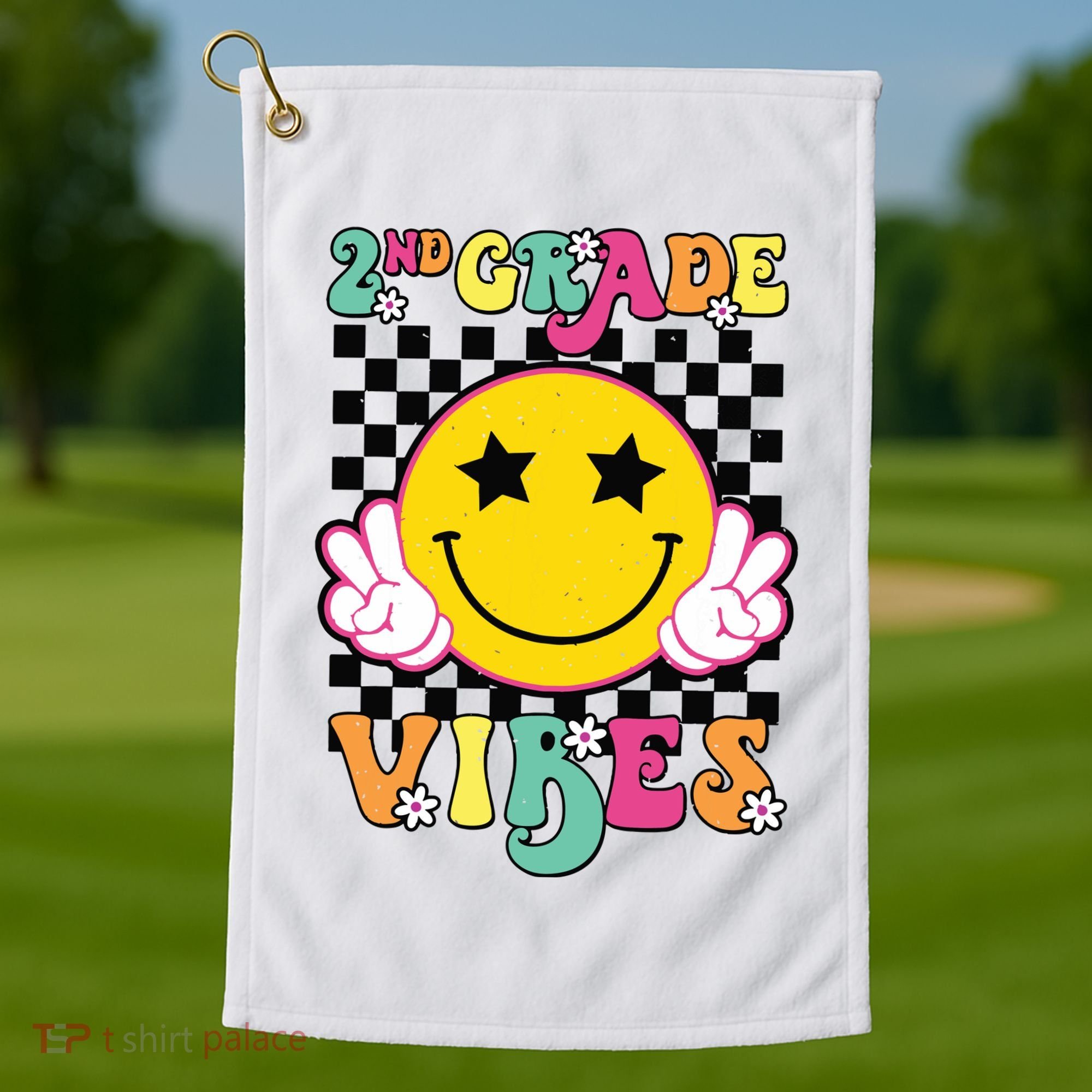 Girl 2nd Grade Vibes Smile Face Back To School Second Grade Golf Towel