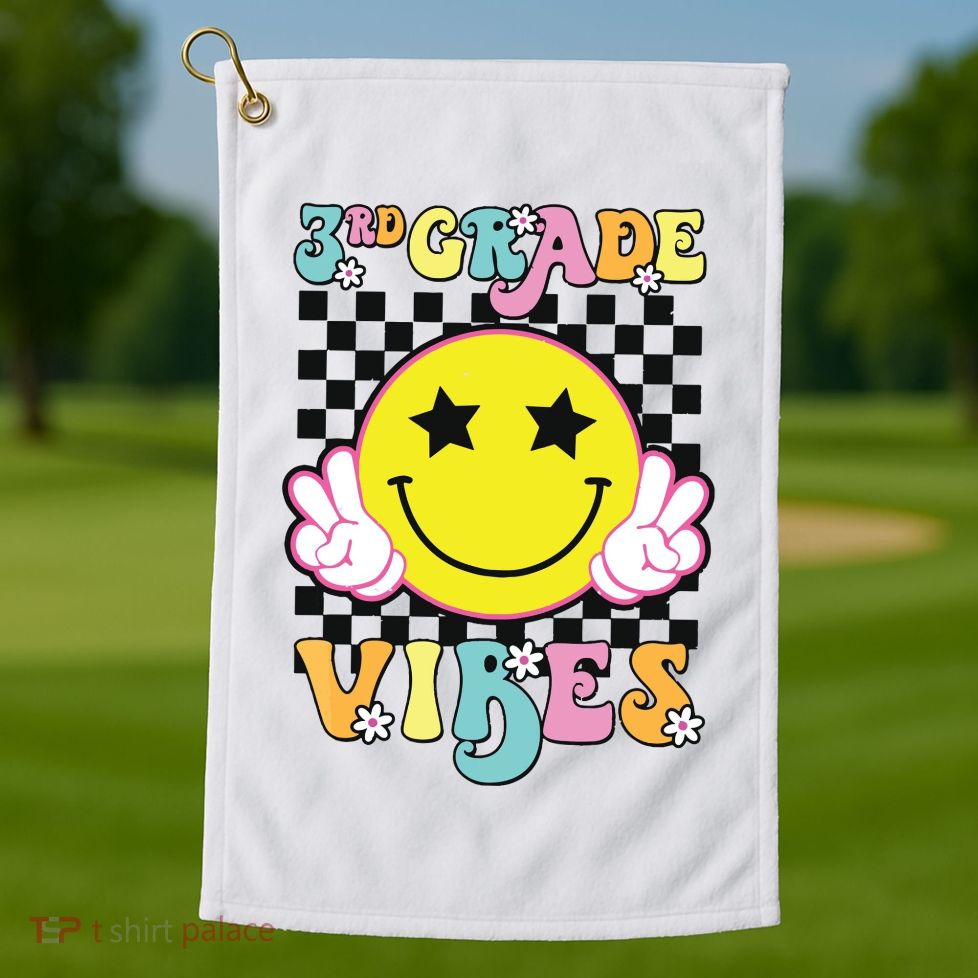 Girl 3rd Grade Vibes Smile Face Back To School Third Grade Golf Towel