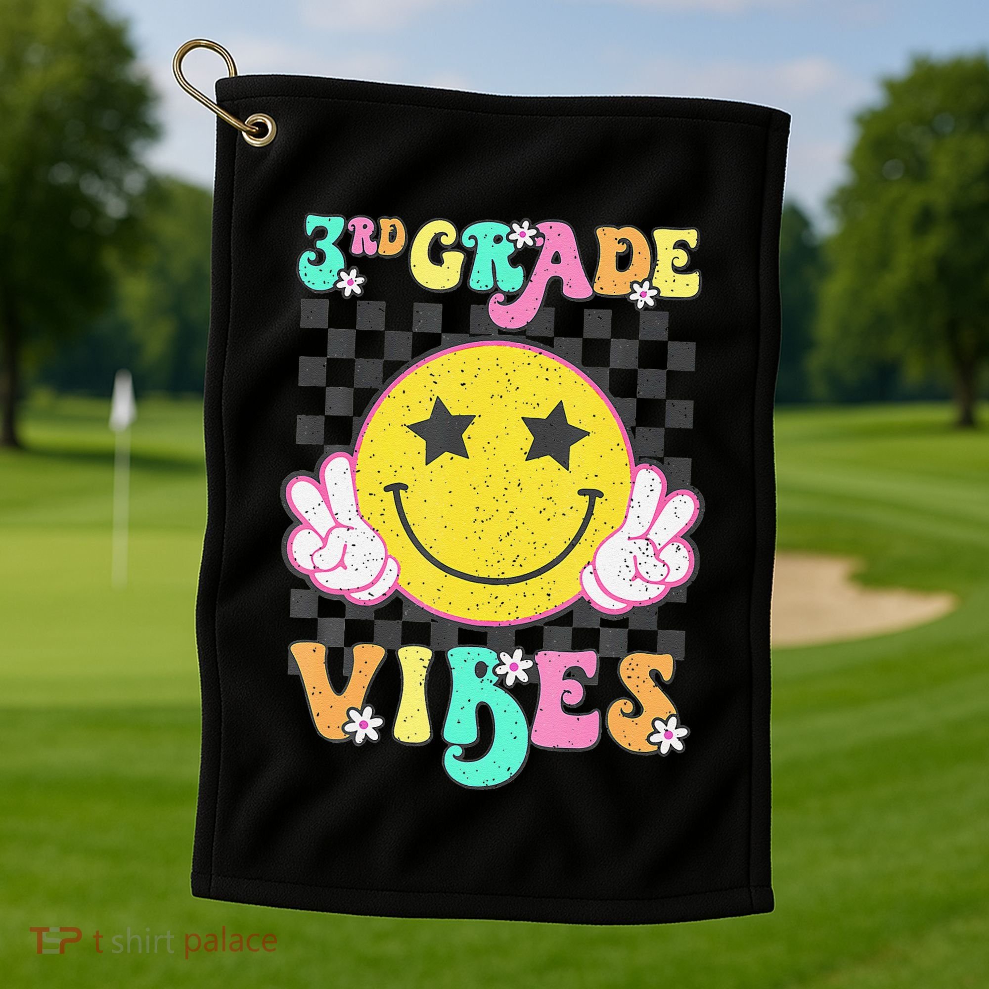 Girl 3rd Grade Vibes Smile Face Back To School Third Grade Gift Golf Towel