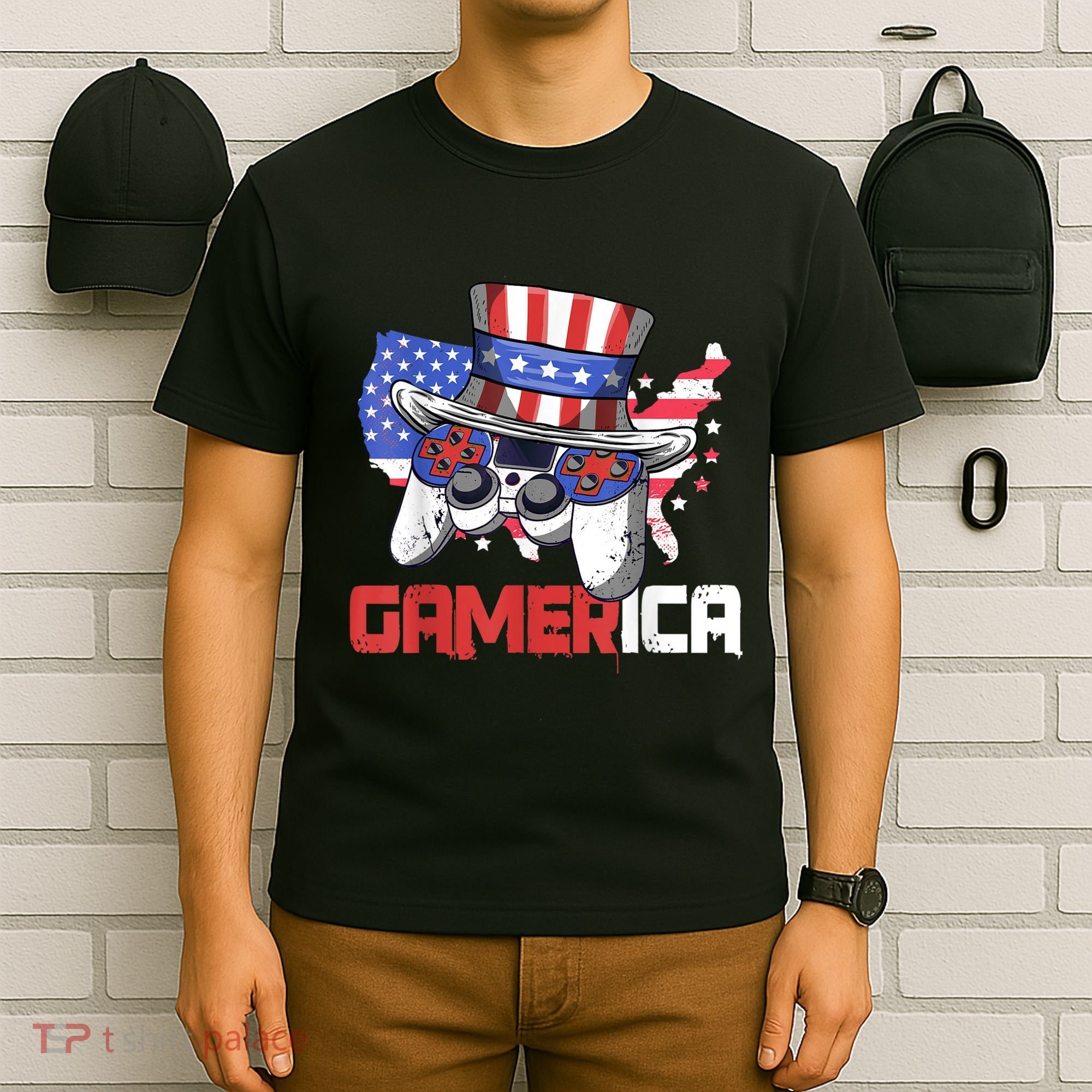Gamer 4th Of July Boy Men Controller USA Flag T-Shirt