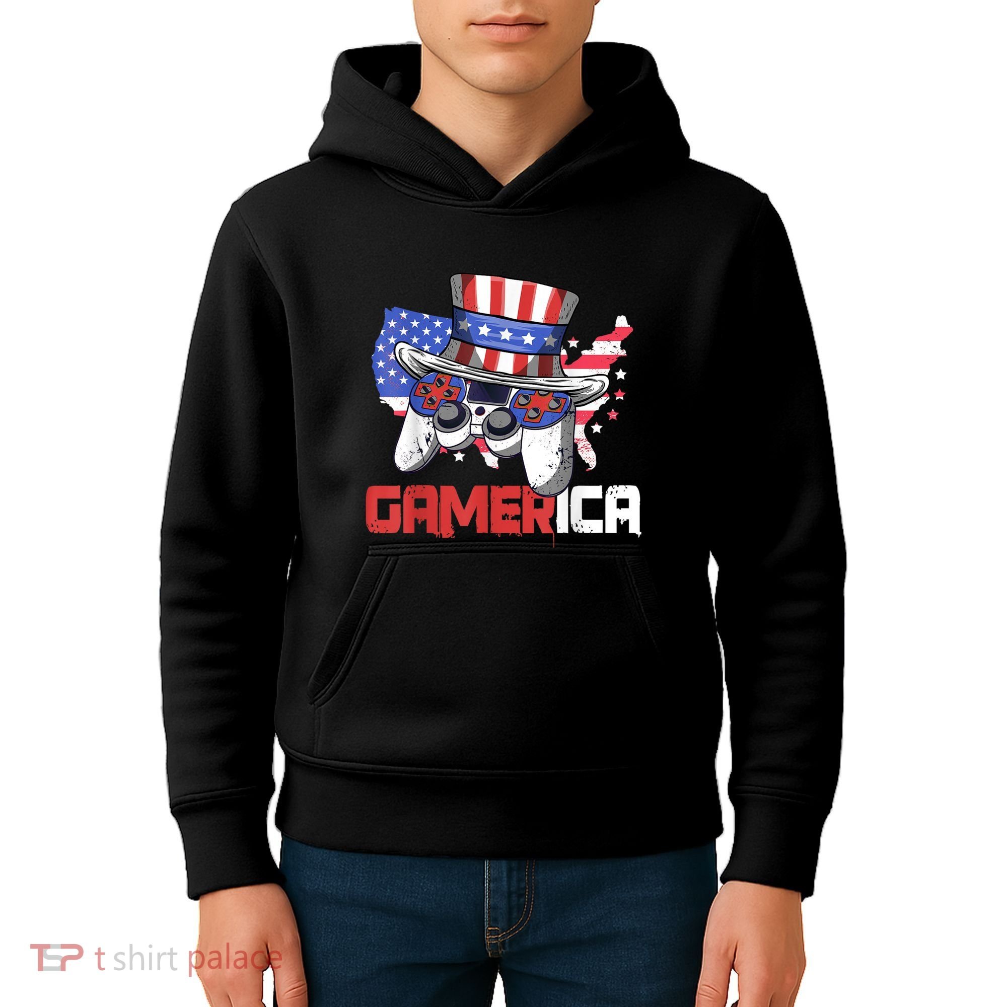 Gamer 4th Of July Boy Men Controller USA Flag Kids Hoodie