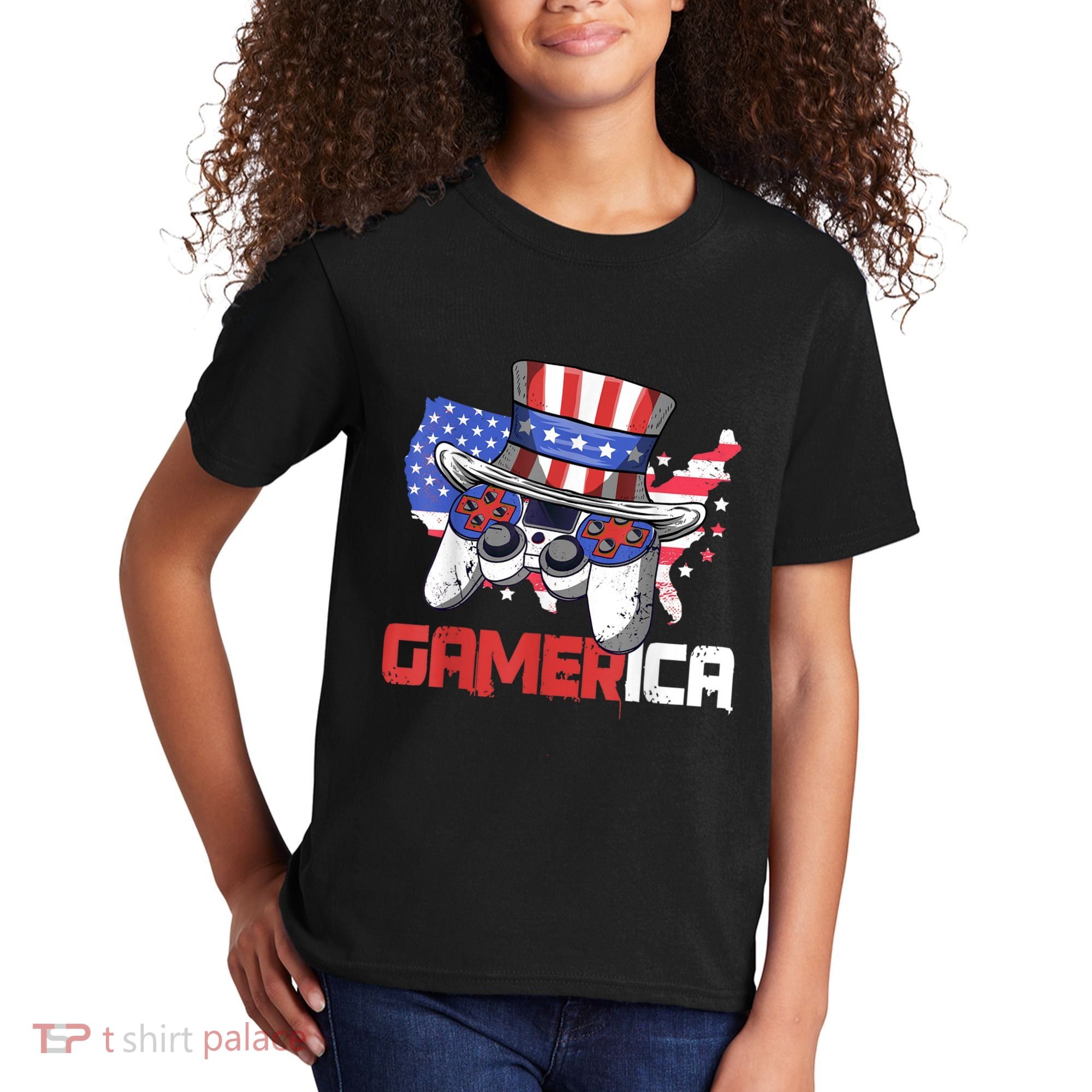 Gamer 4th Of July Boy Men Controller USA Flag Kids T-Shirt