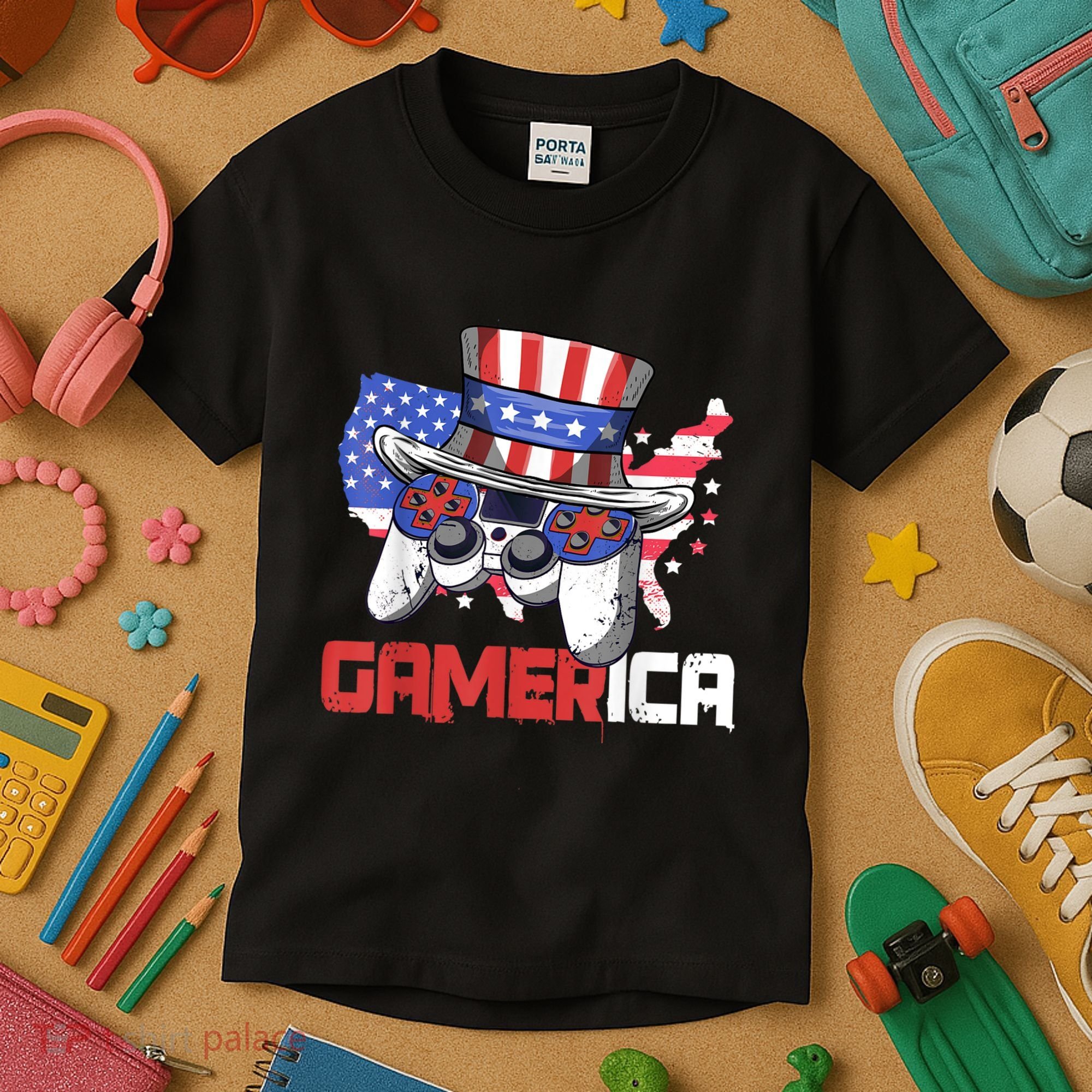 Gamer 4th Of July Boy Men Controller USA Flag Kids T-Shirt